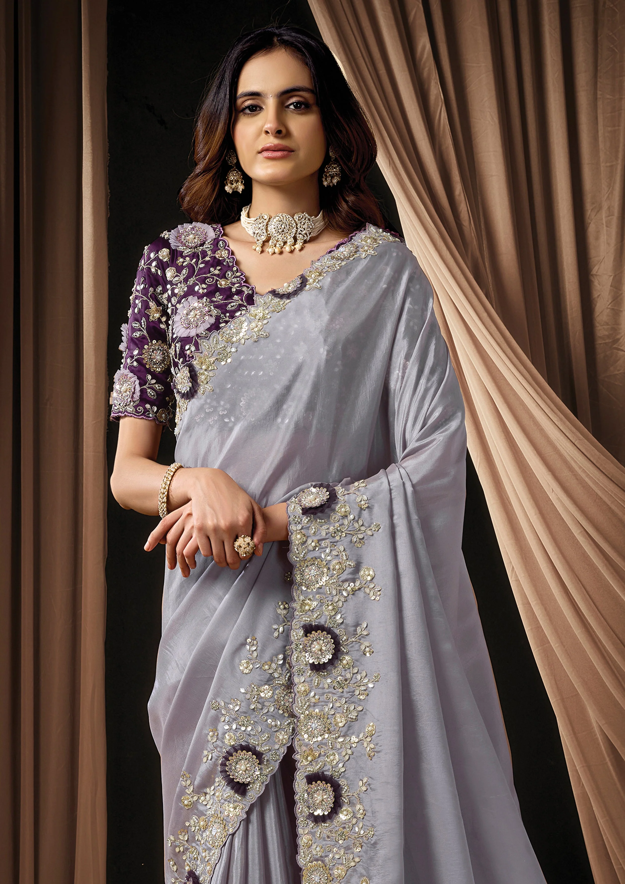 Soft Lavender Embellished Uppada Silk Saree - Image 4