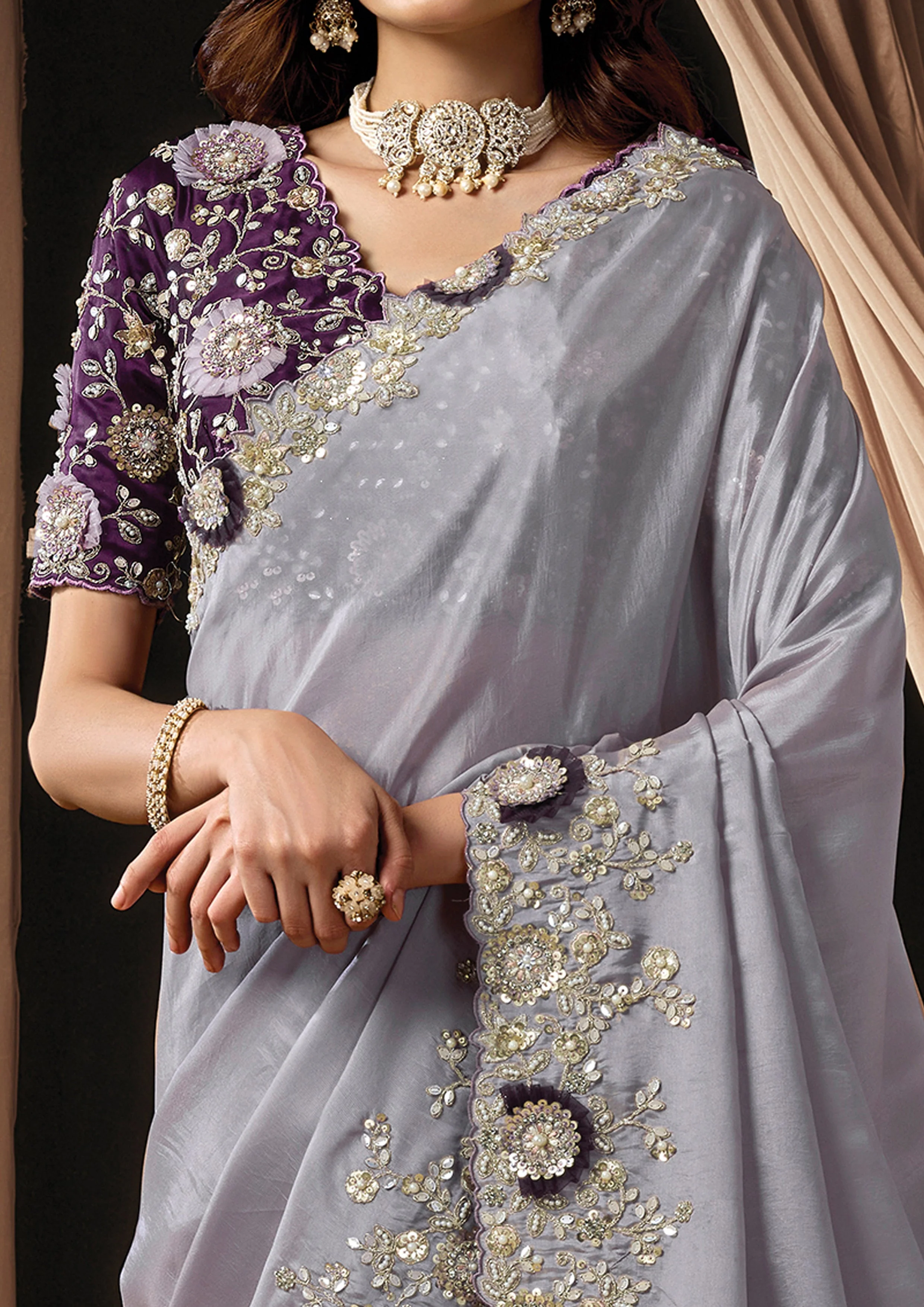 Soft Lavender Embellished Uppada Silk Saree - Image 6