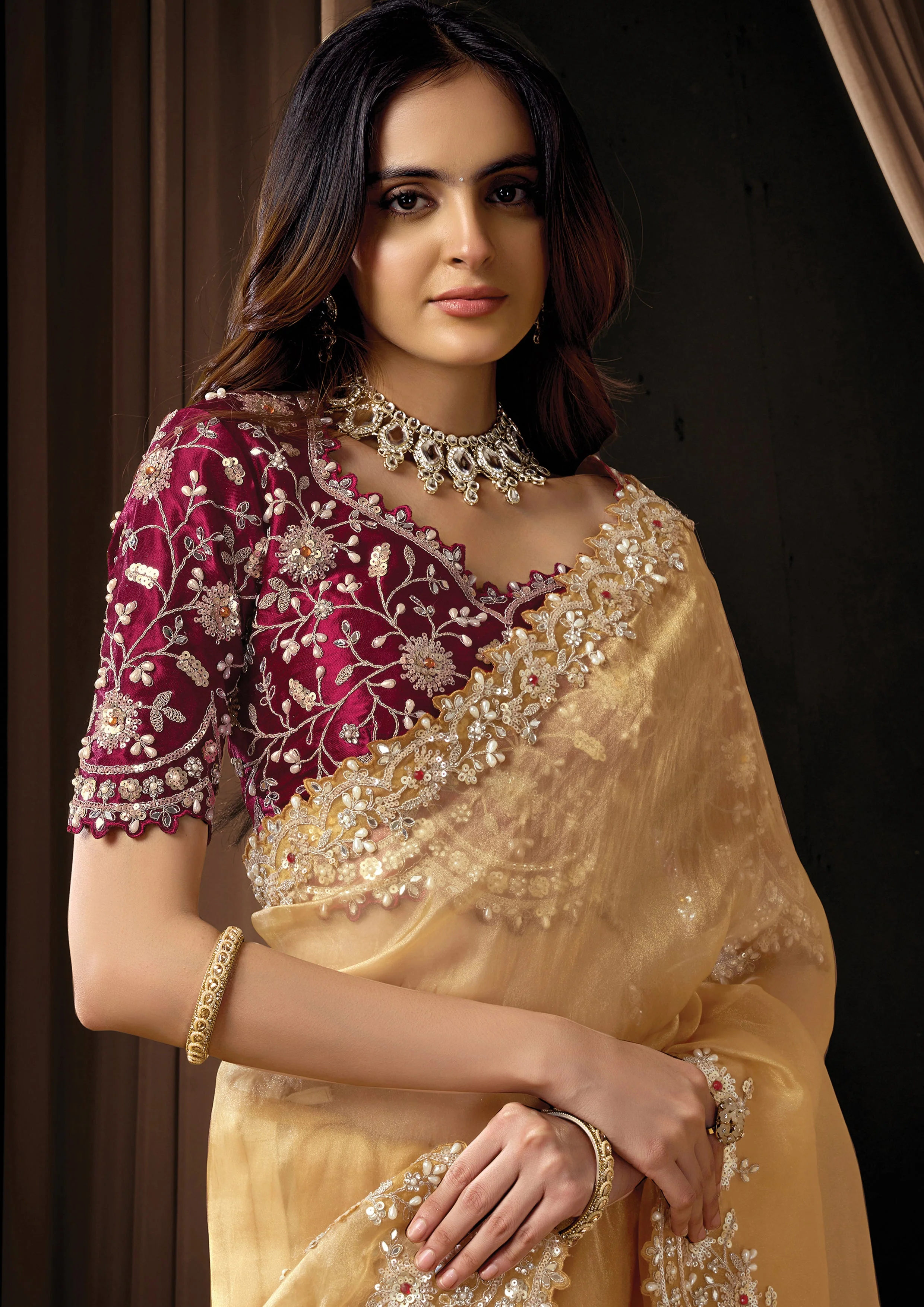 Warm Gold Embellished Organza Tissue Saree - Image 2