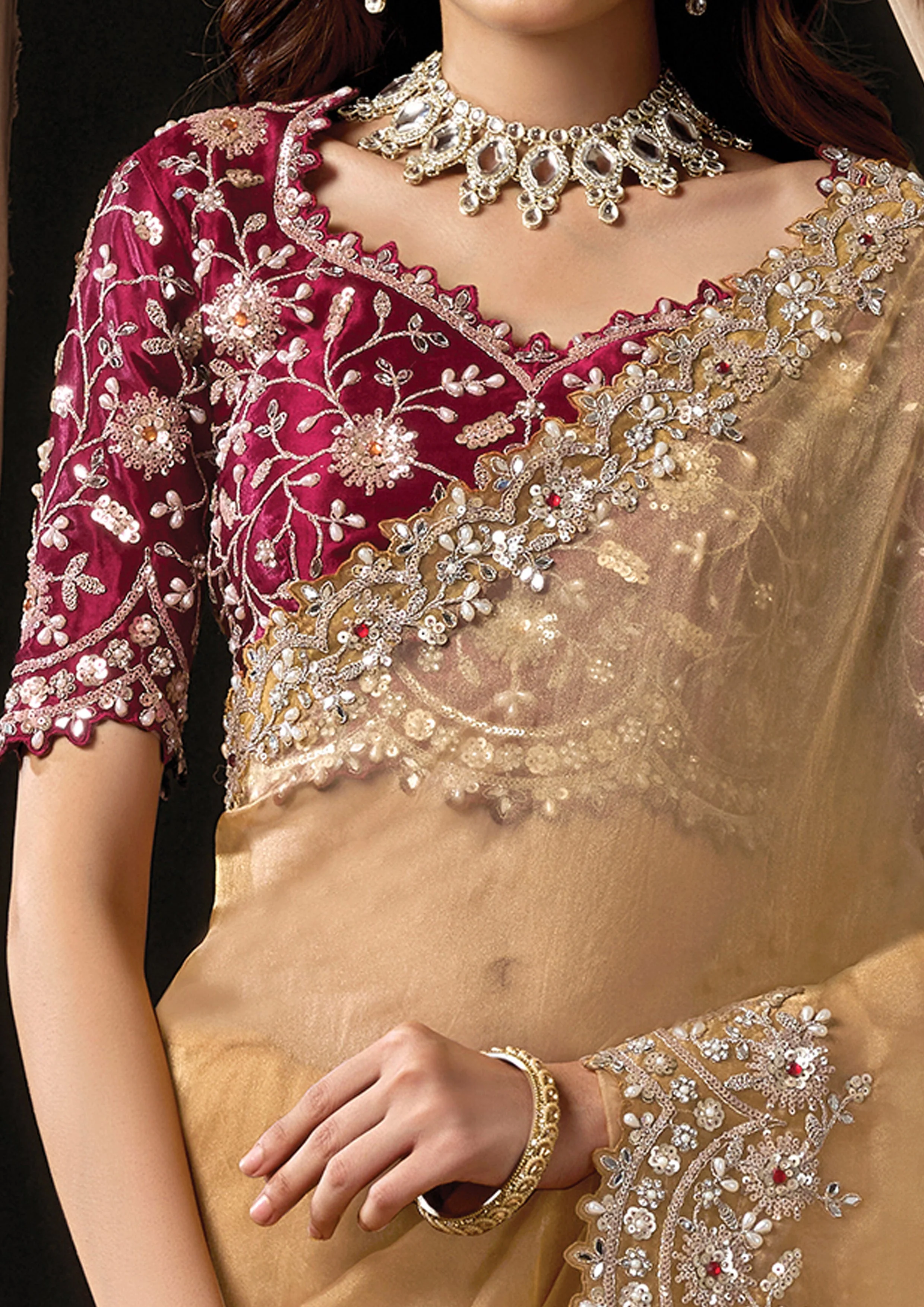 Warm Gold Embellished Organza Tissue Saree - Image 3