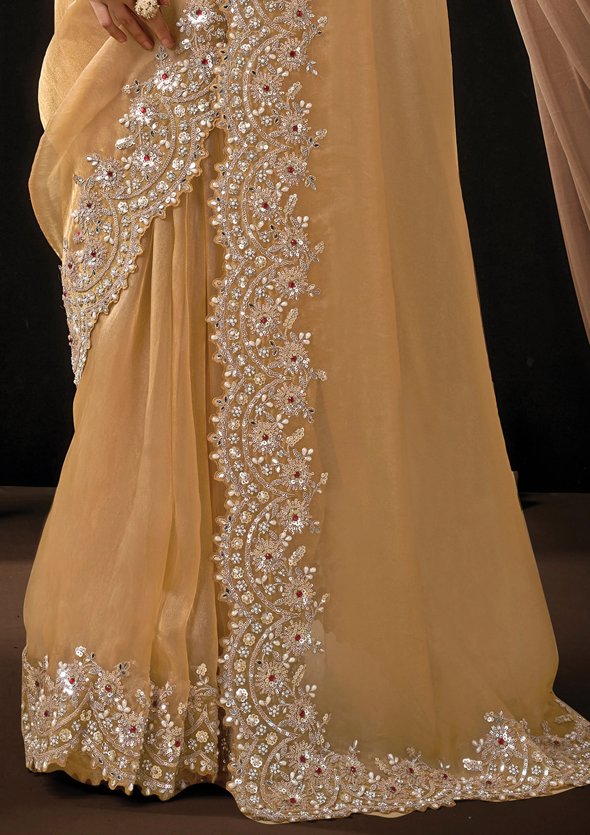 Warm Gold Embellished Organza Tissue Saree - Image 4