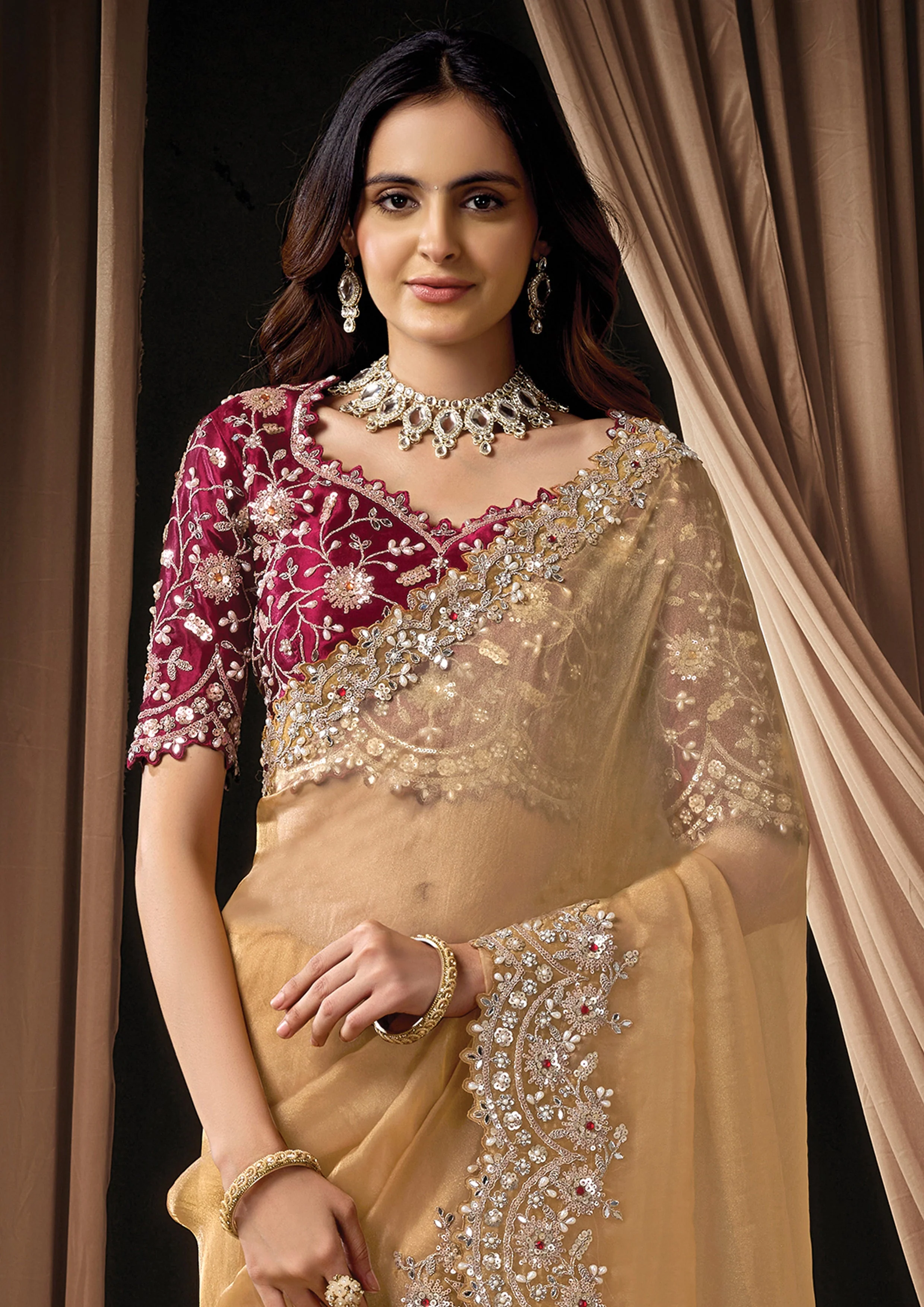 Warm Gold Embellished Organza Tissue Saree - Image 5