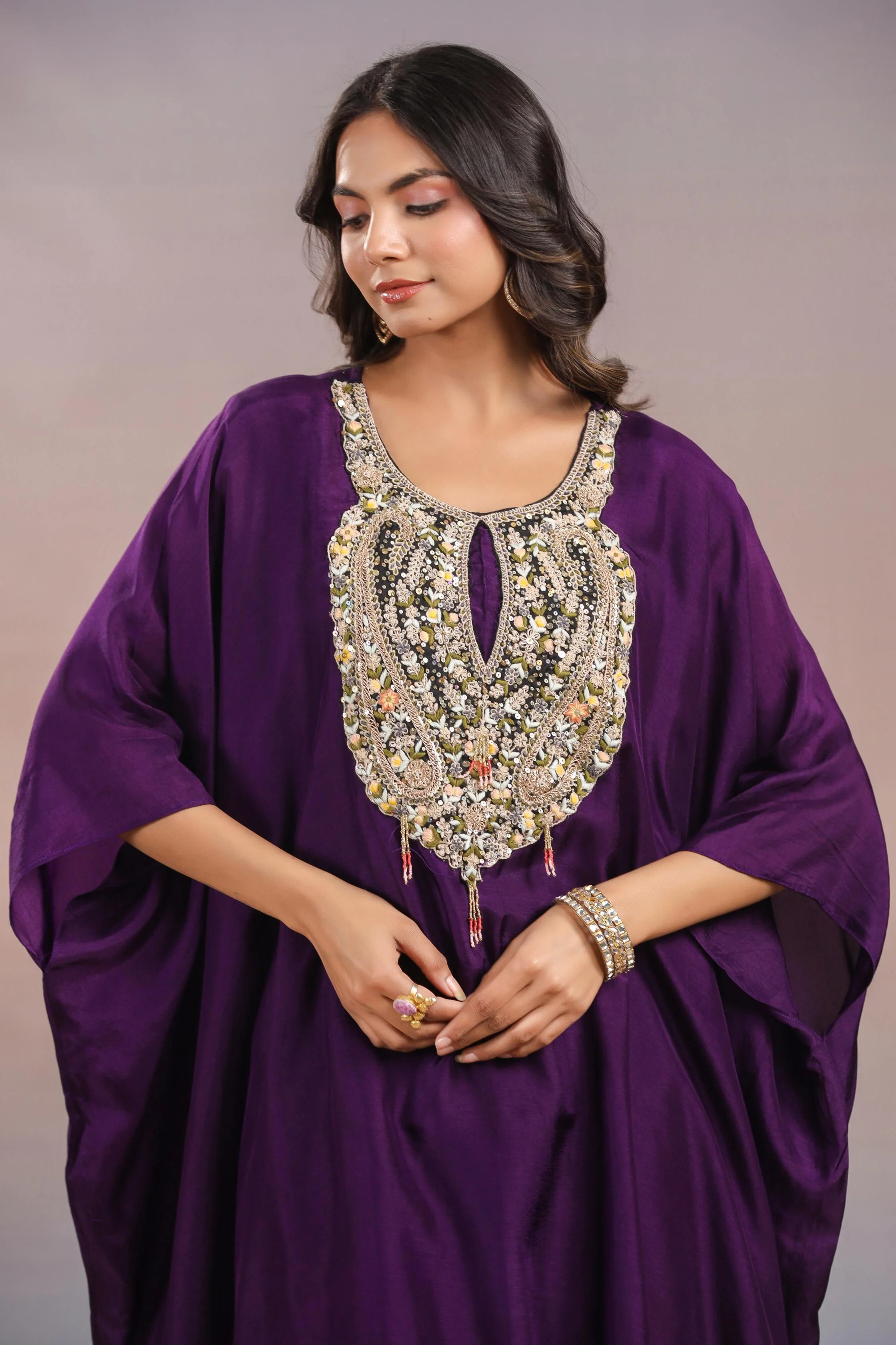 Dark Purple Embroidered Premium Silk Kaftan & Skirt Set - Image 2