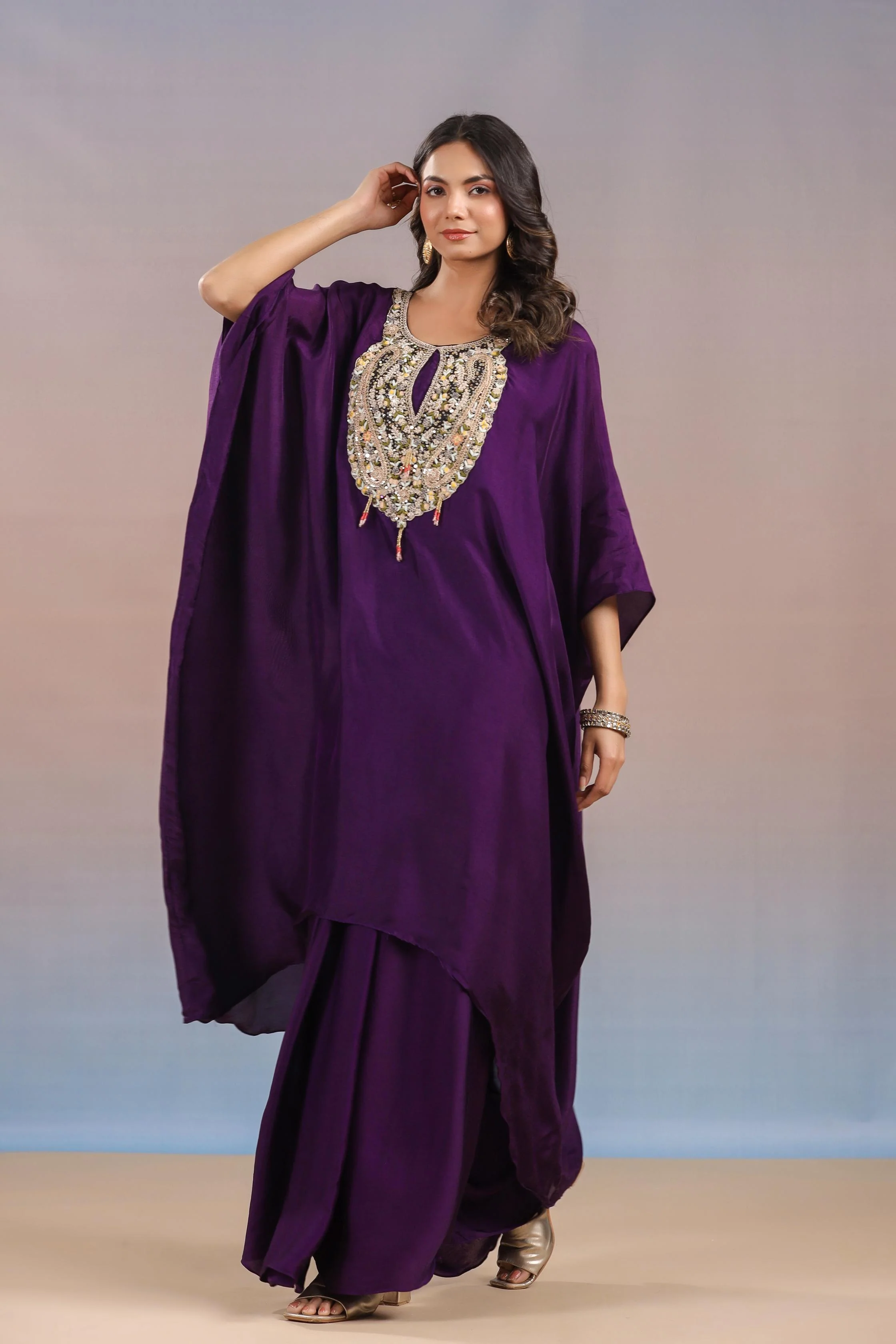 Dark Purple Embroidered Premium Silk Kaftan & Skirt Set - Image 3