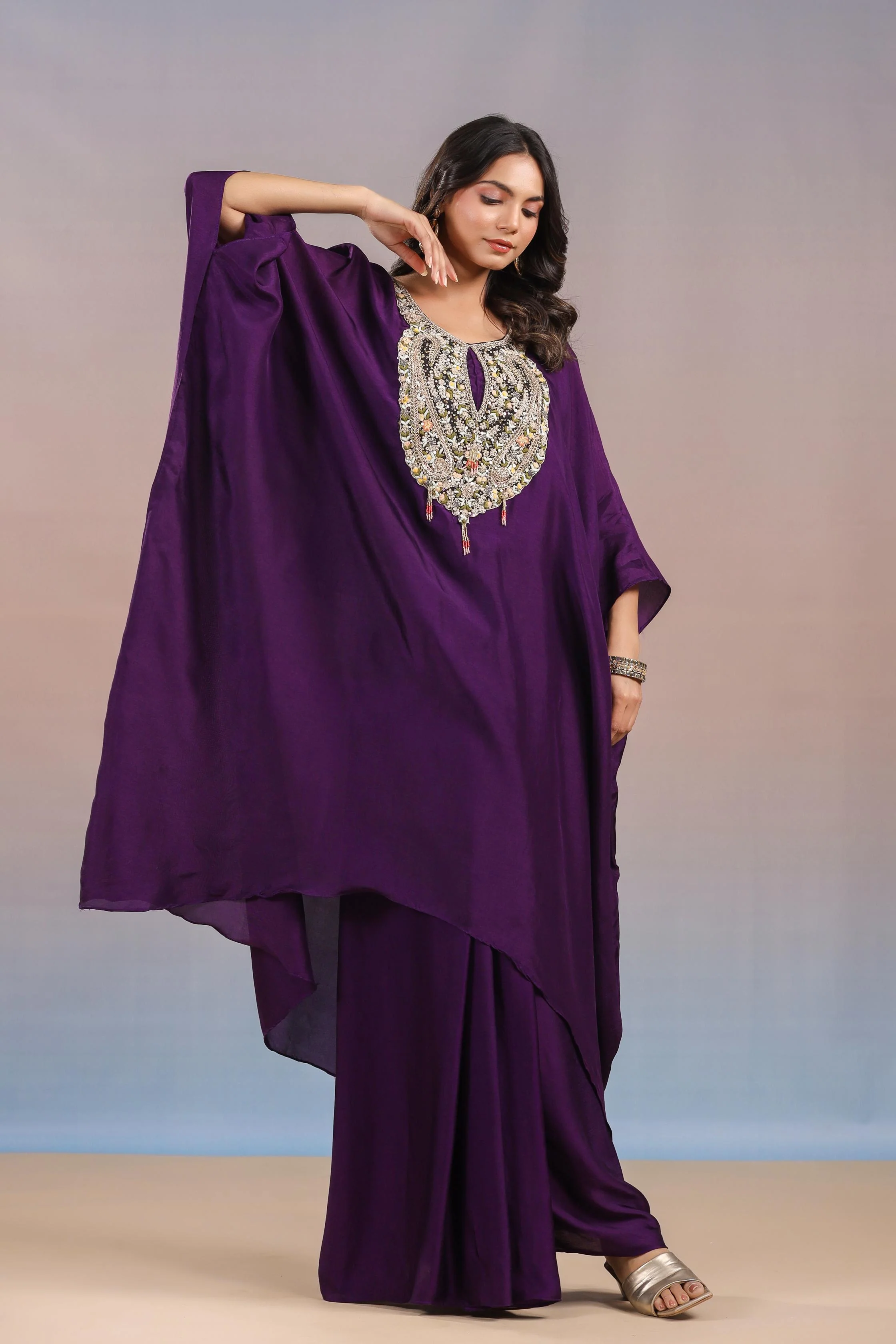 Dark Purple Embroidered Premium Silk Kaftan & Skirt Set - Image 4