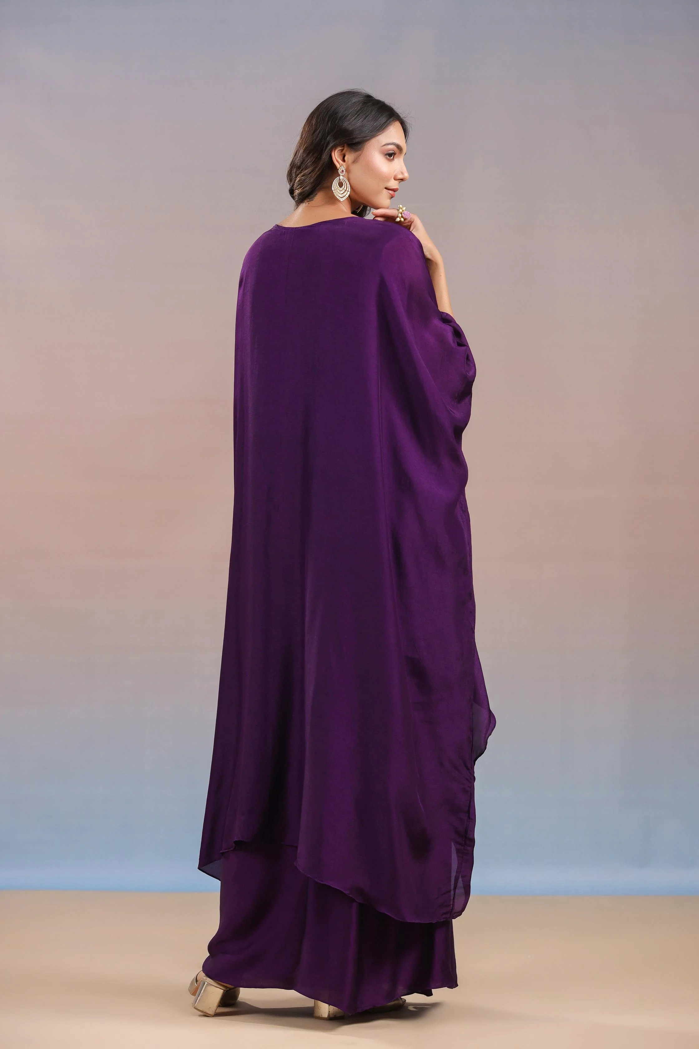 Dark Purple Embroidered Premium Silk Kaftan & Skirt Set - Image 5