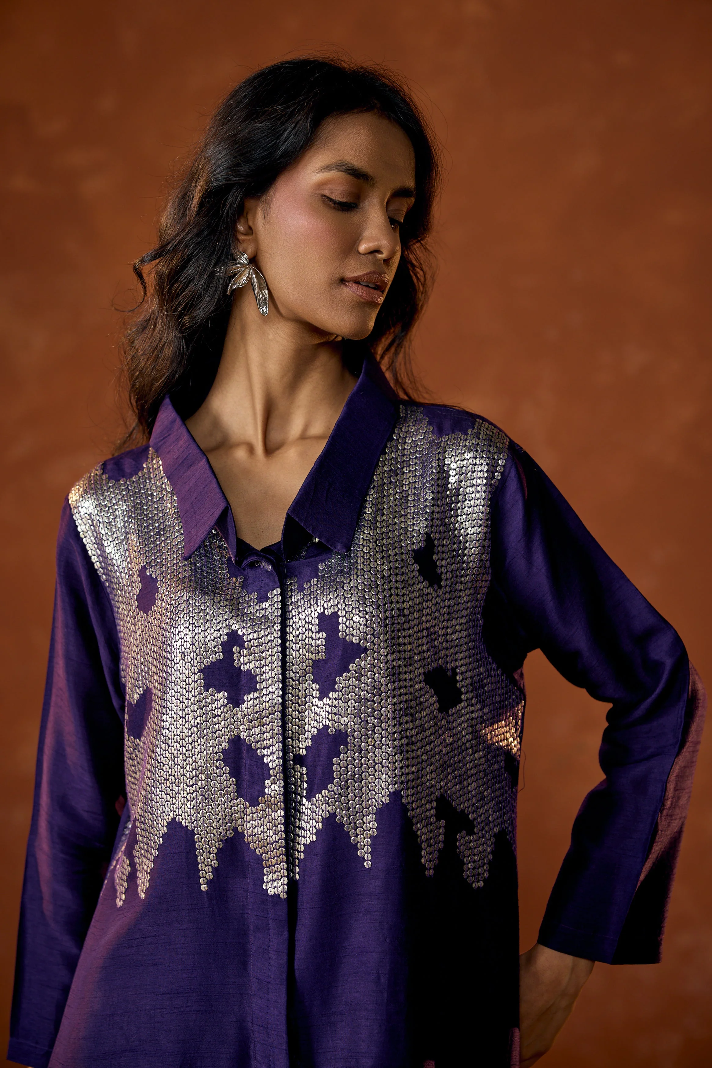 Royal Purple Embellished Raw Silk Co-Ord Set - Image 3