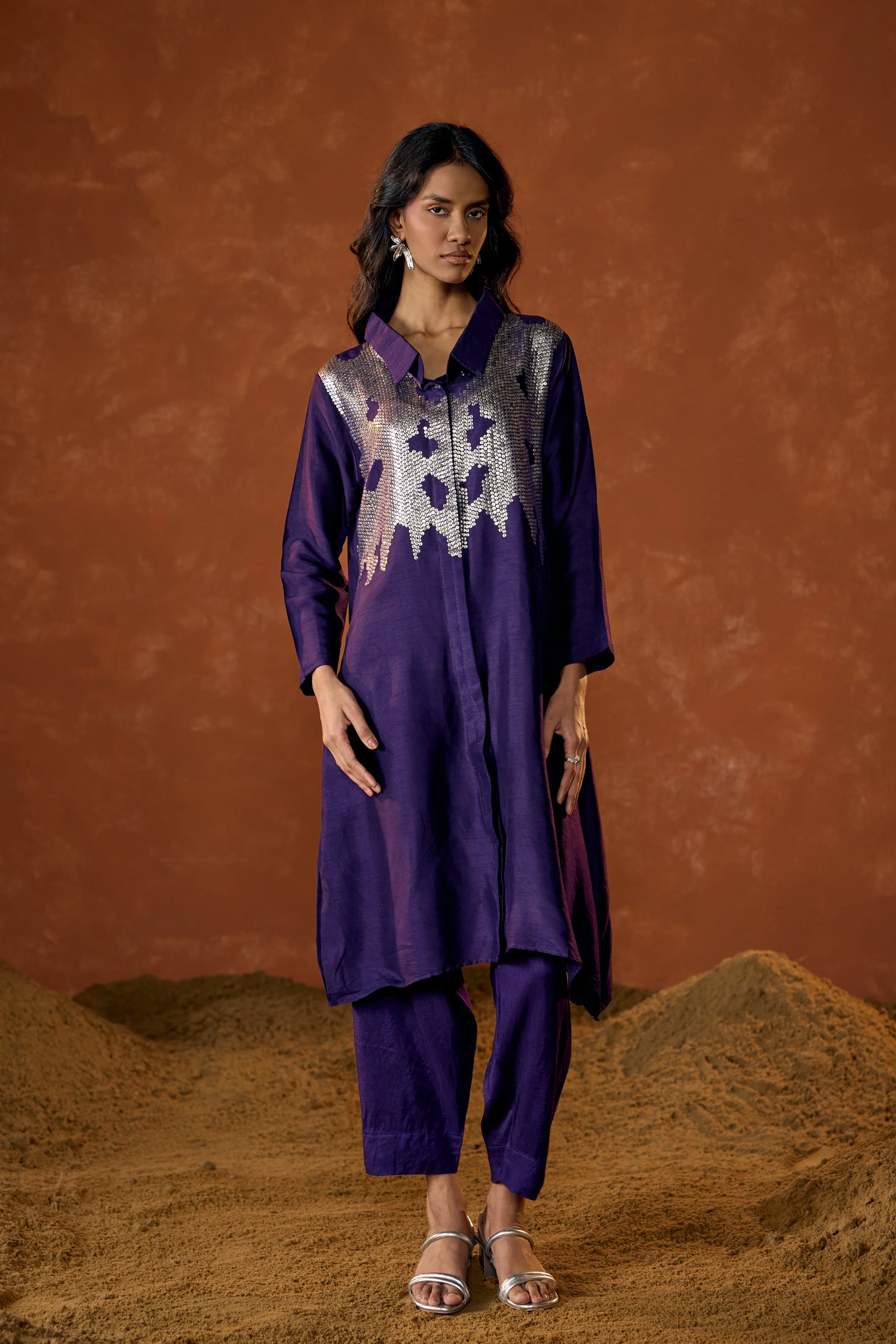 Royal Purple Embellished Raw Silk Co-Ord Set - Image 4