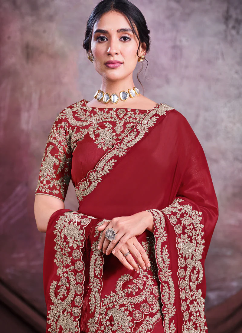 Deep Red Embroidered Satin Silk Saree - Image 2