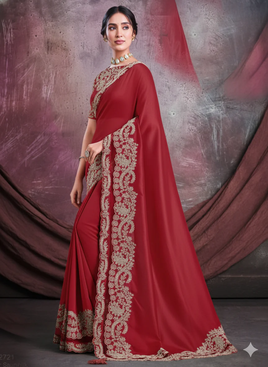 Deep Red Embroidered Satin Silk Saree - Image 3
