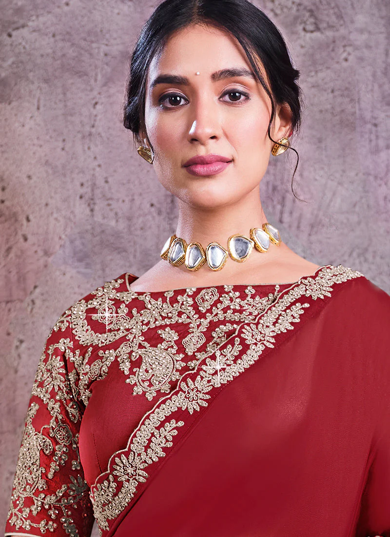 Deep Red Embroidered Satin Silk Saree - Image 4
