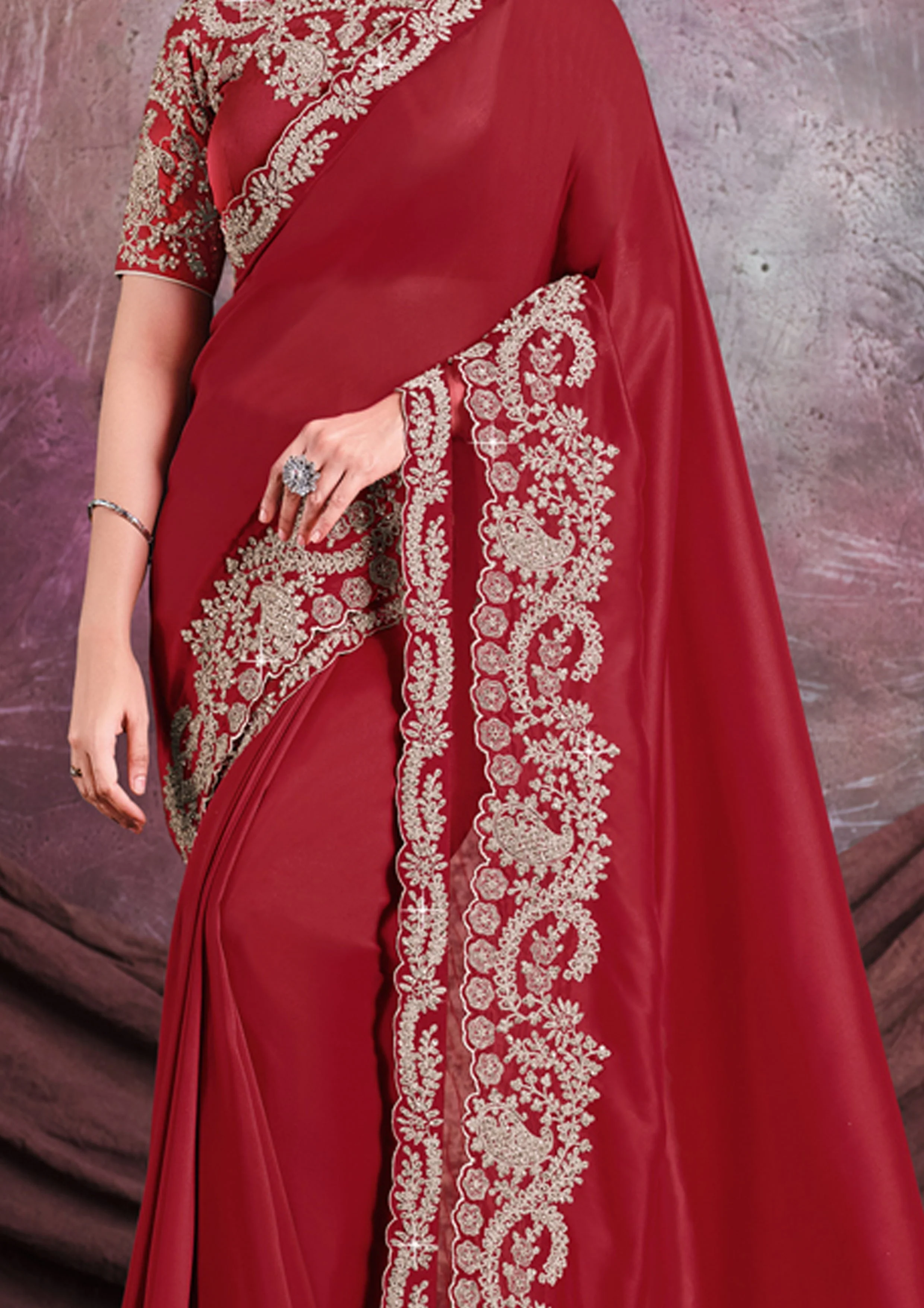 Deep Red Embroidered Satin Silk Saree - Image 5
