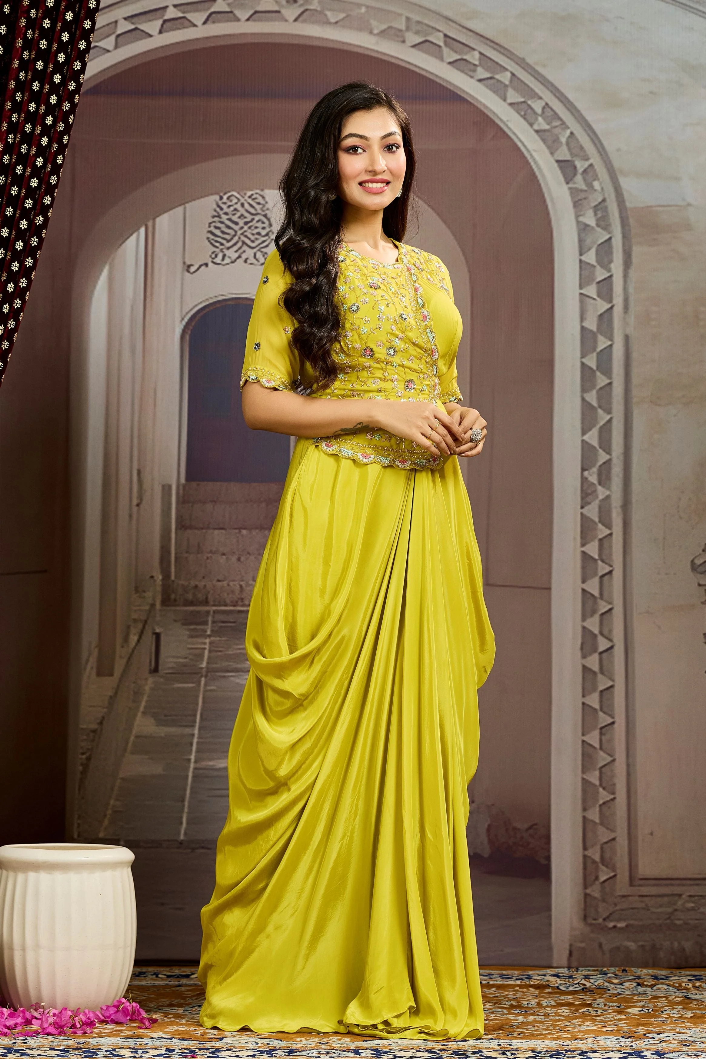 Bright Yellow Embellished Chinon Silk Drape Gown - Image 3