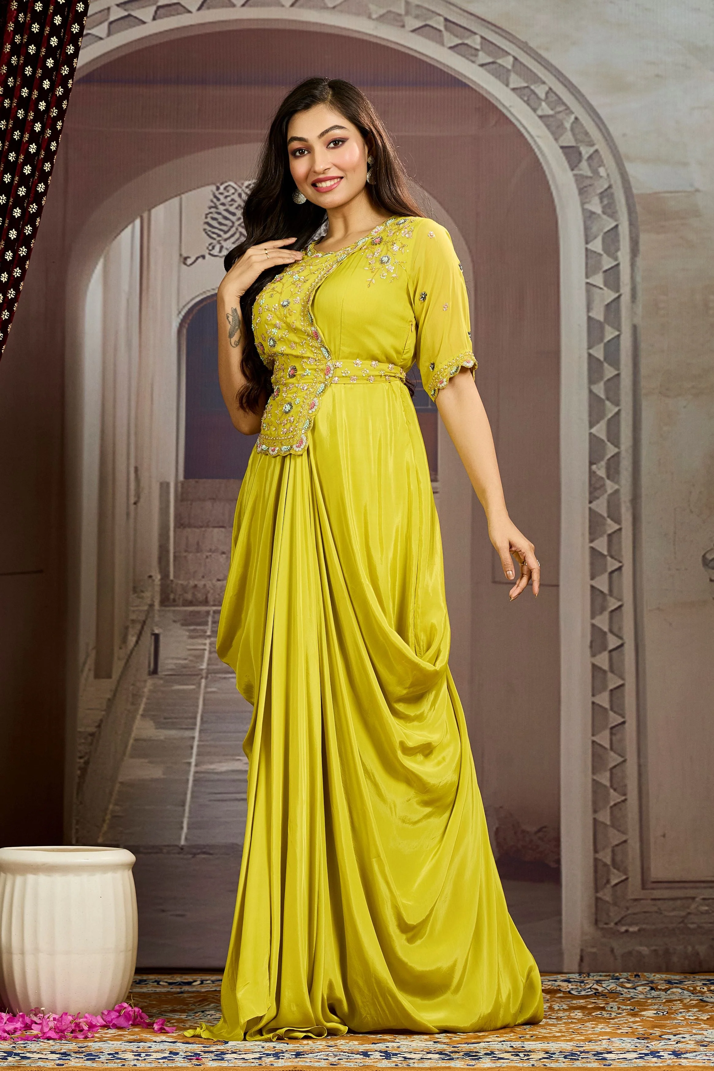 Bright Yellow Embellished Chinon Silk Drape Gown - Image 4