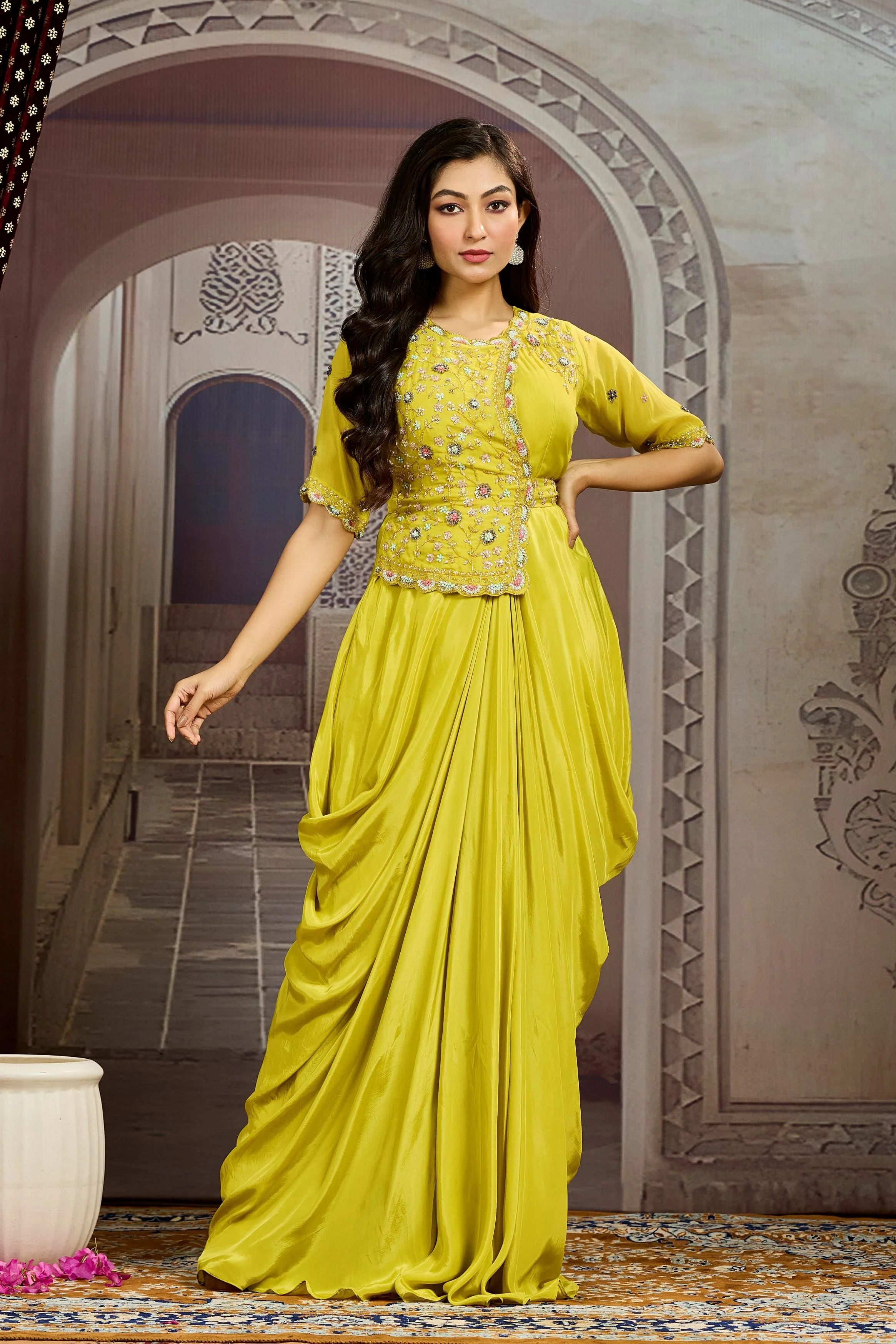 Bright Yellow Embellished Chinon Silk Drape Gown - Image 5
