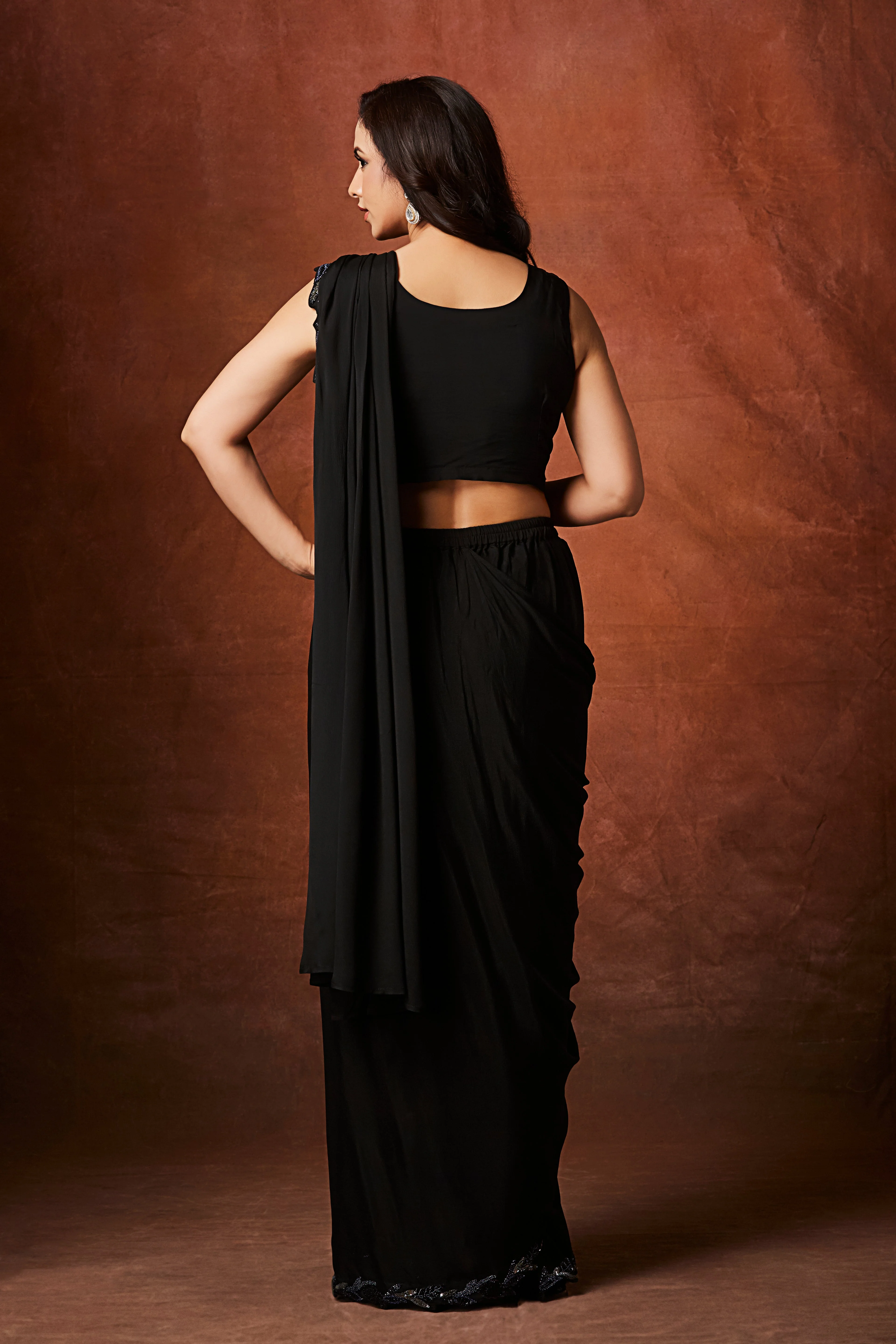Smoky Black Embellished Chinon Silk Drape Saree - Image 5