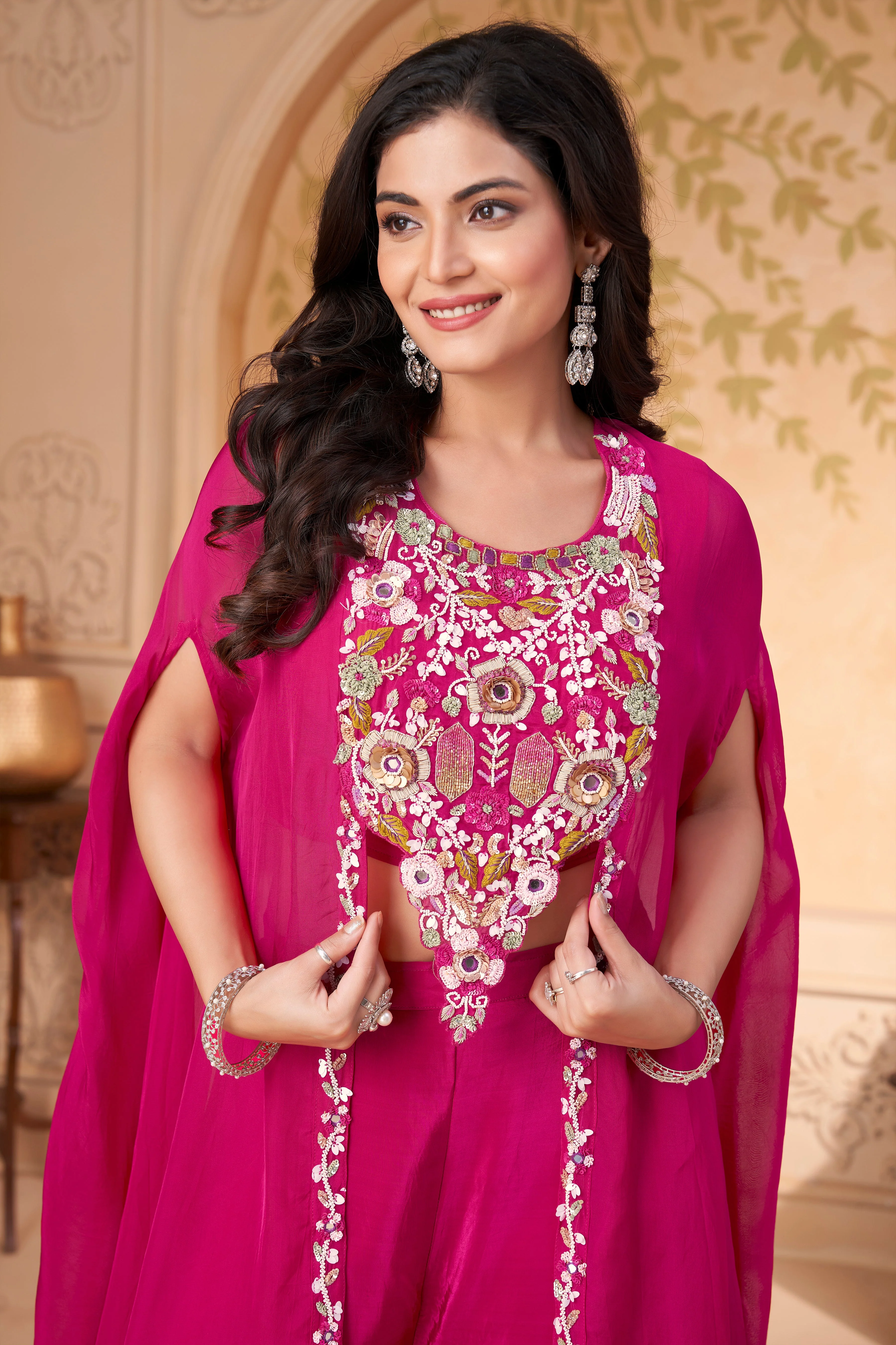 Fuchsia Pink Embellished Crepe Silk Palazzo Set - Image 2