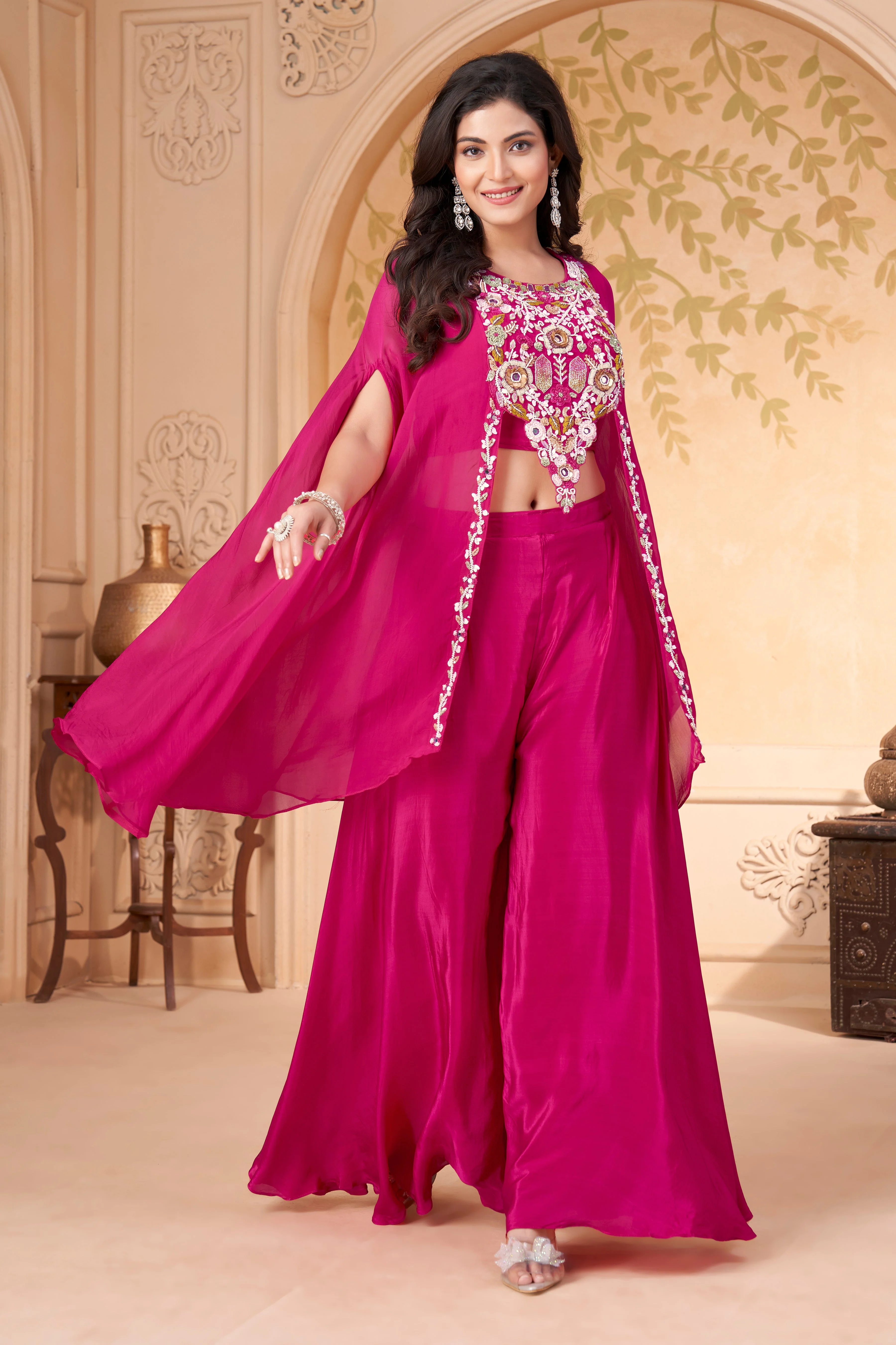 Fuchsia Pink Embellished Crepe Silk Palazzo Set - Image 3