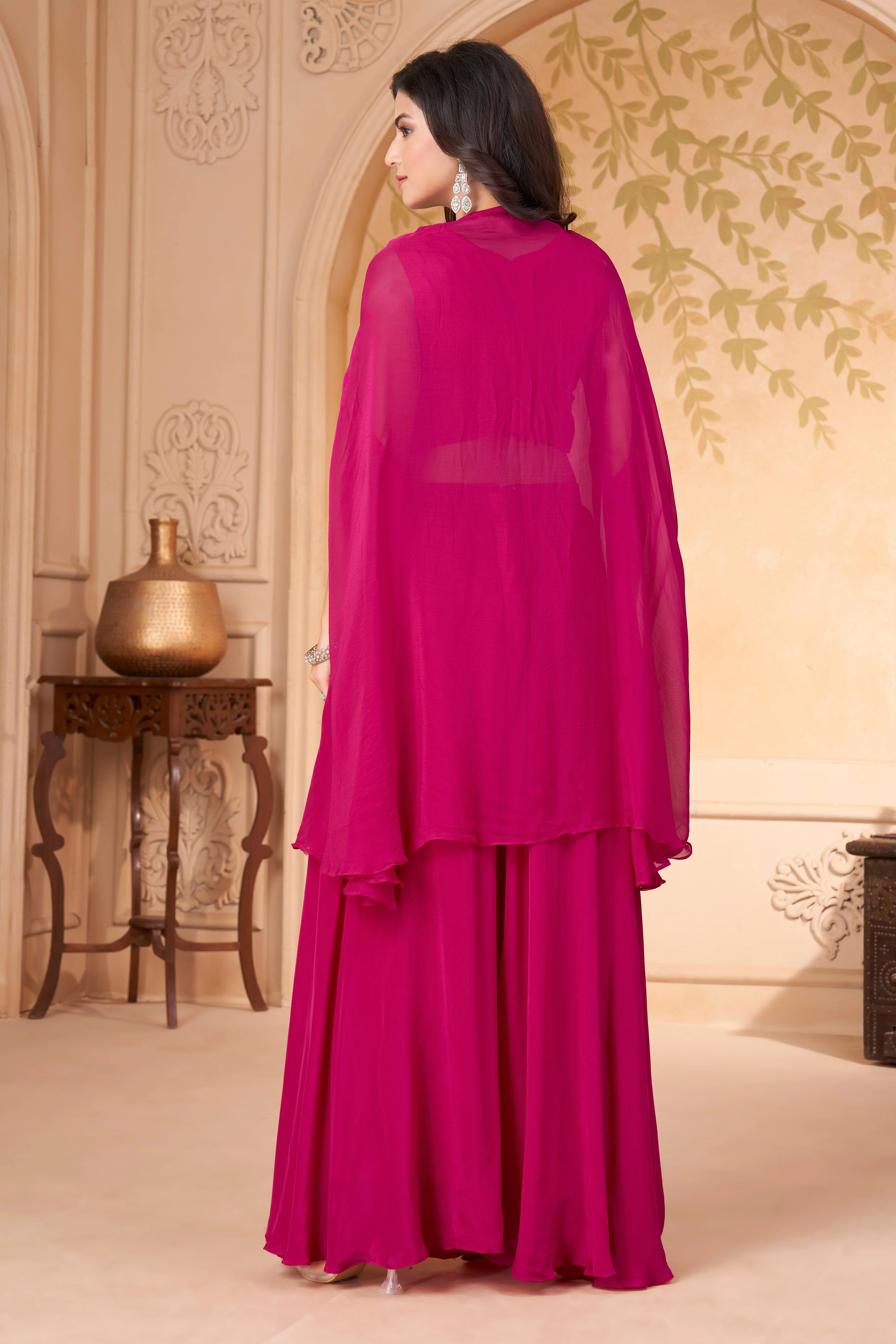 Fuchsia Pink Embellished Crepe Silk Palazzo Set - Image 4