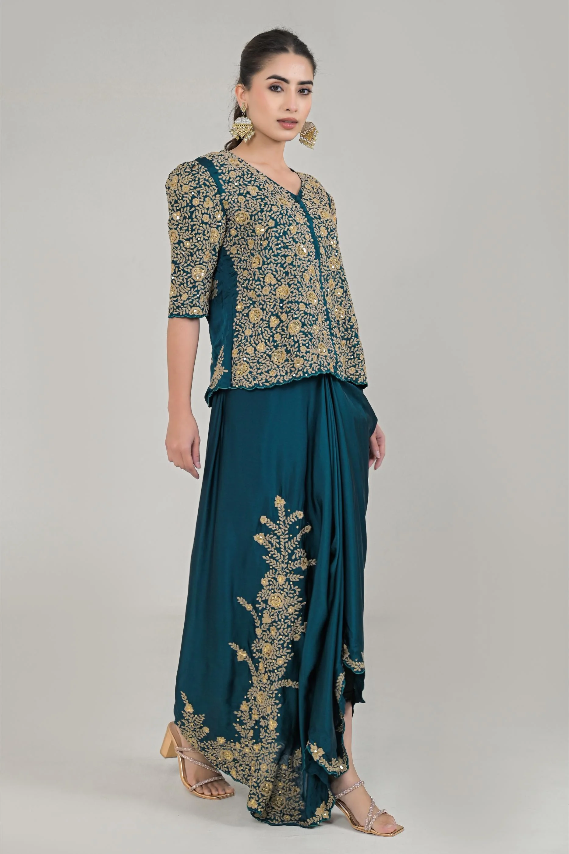 Dark Teal Embroidered Satin Silk Skirt Set - Image 3