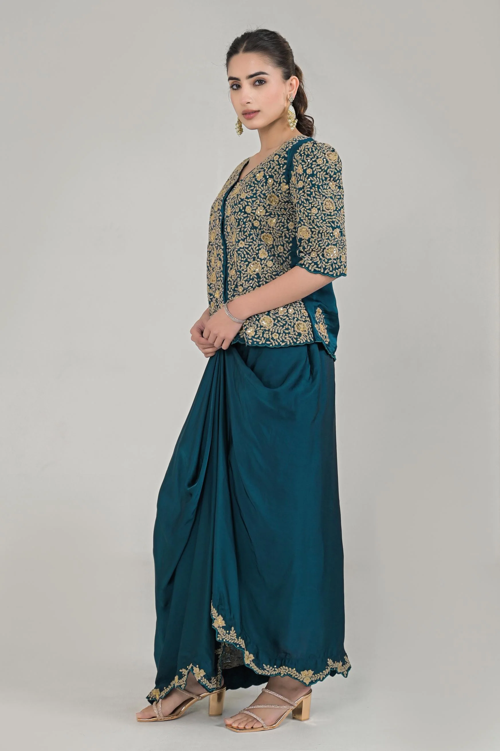 Dark Teal Embroidered Satin Silk Skirt Set - Image 4