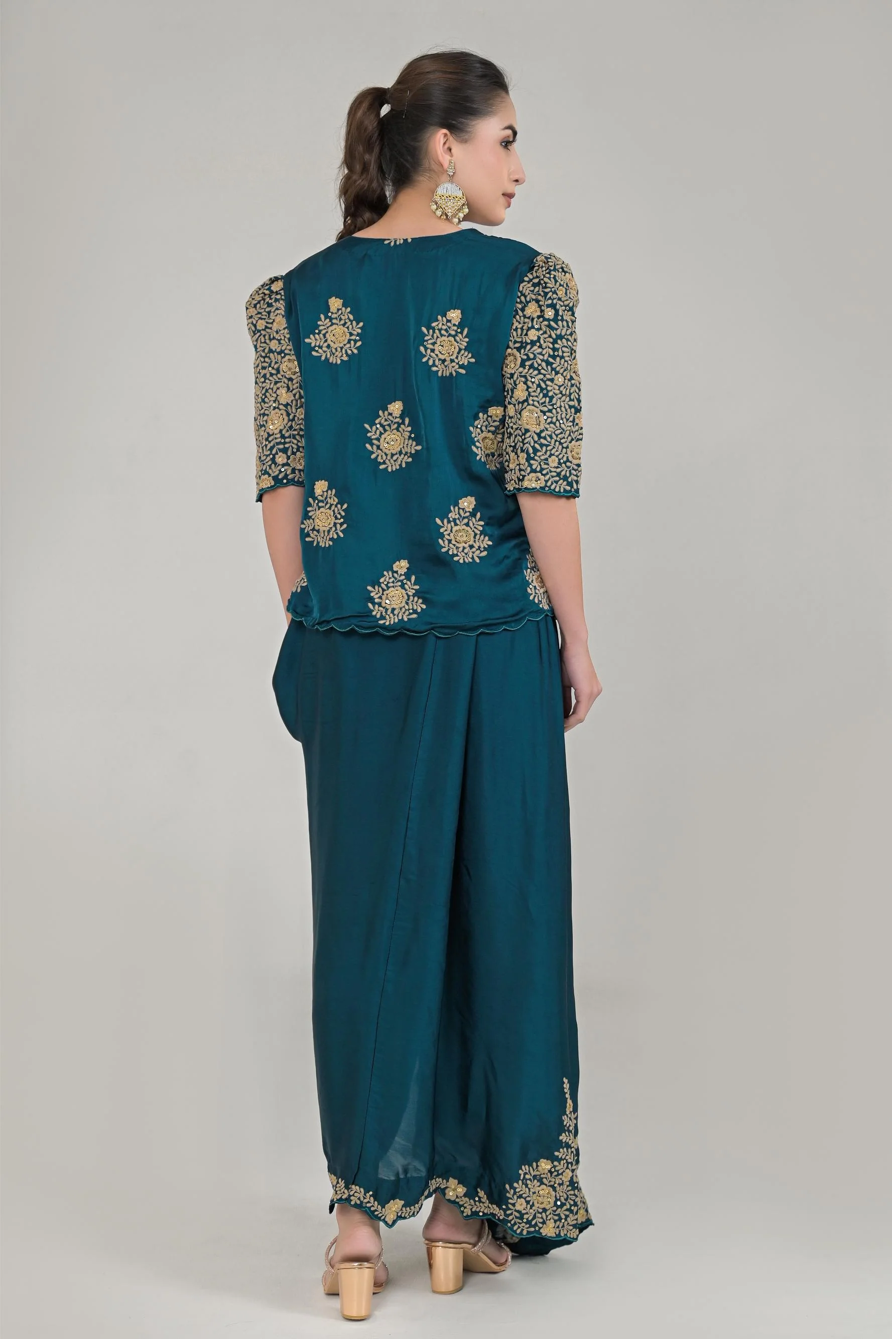 Dark Teal Embroidered Satin Silk Skirt Set - Image 5