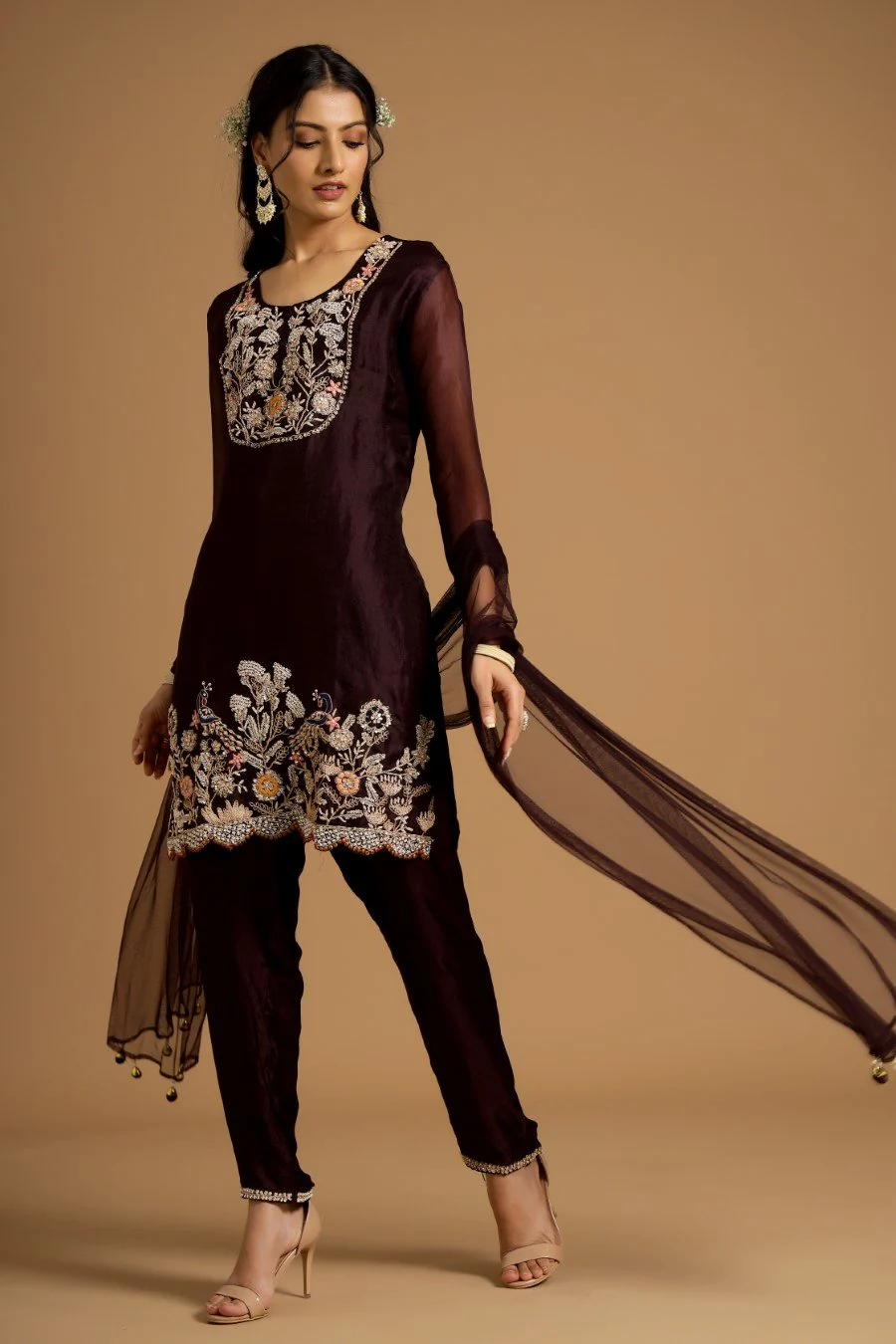 Dark Wine Organza Silk Embroidered Kurta Set - Image 3