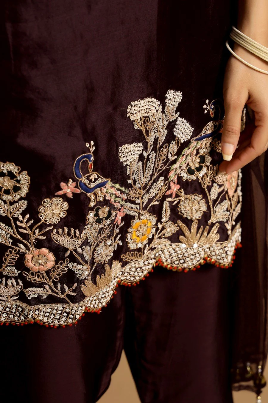 Dark Wine Organza Silk Embroidered Kurta Set - Image 4
