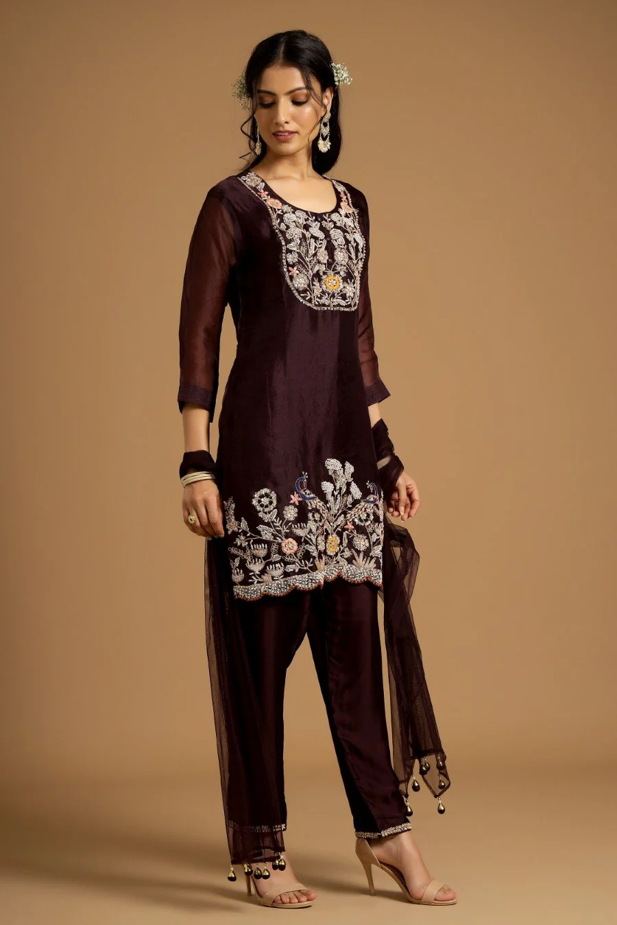 Dark Wine Organza Silk Embroidered Kurta Set - Image 6