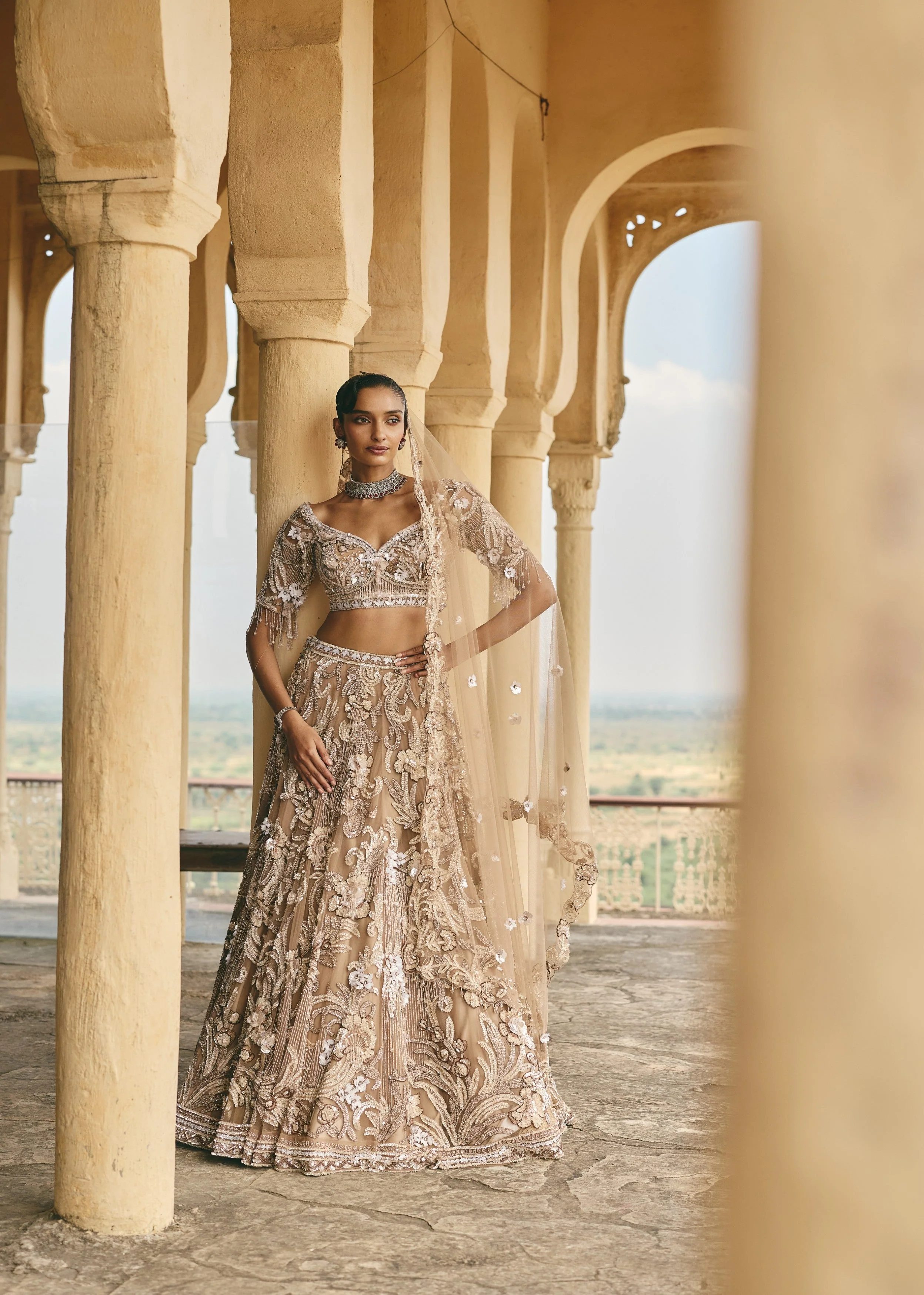 Beige-Gold Camellia 3D Floral Embroidered Lehenga Set - Image 2
