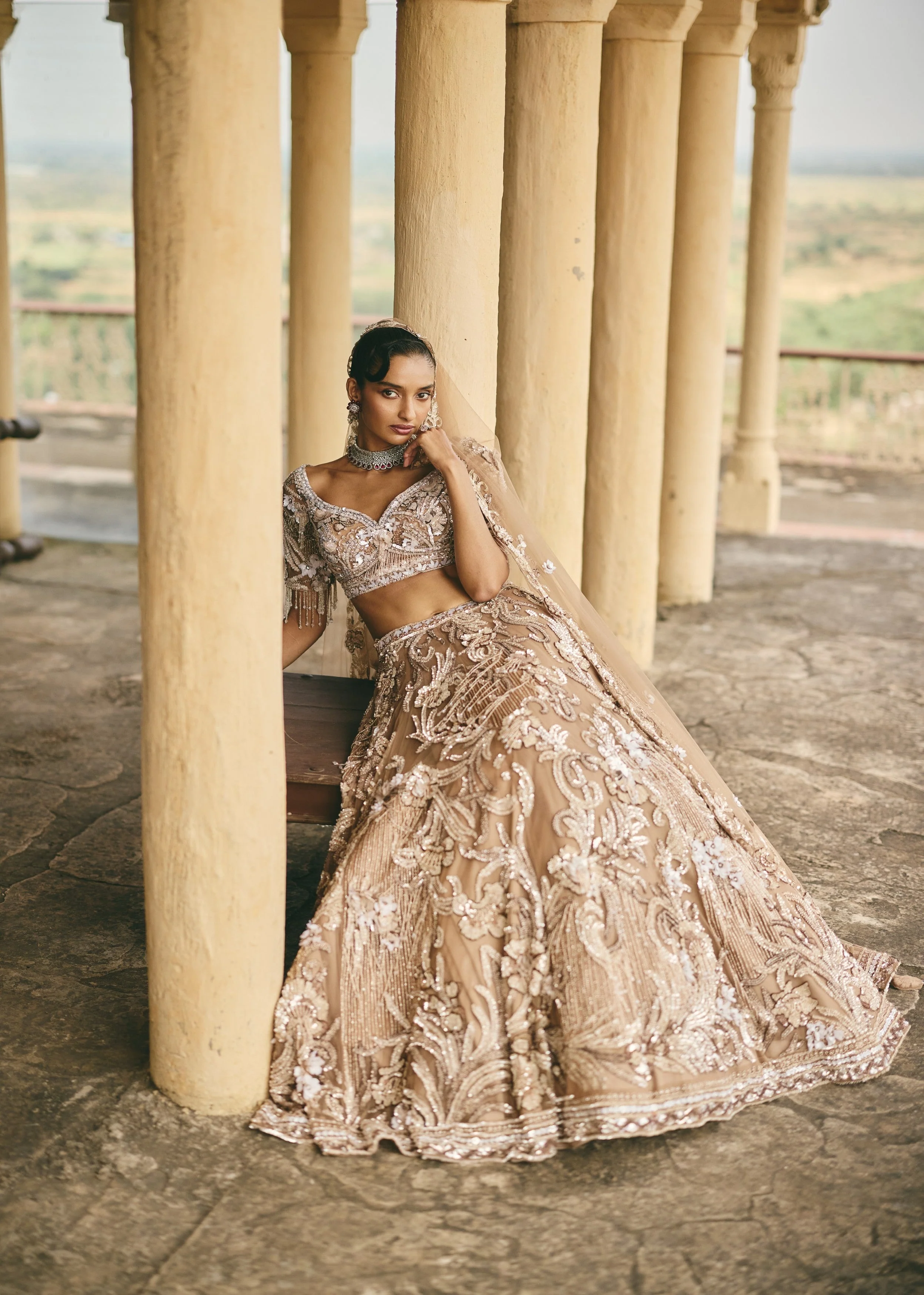 Beige-Gold Camellia 3D Floral Embroidered Lehenga Set - Image 3