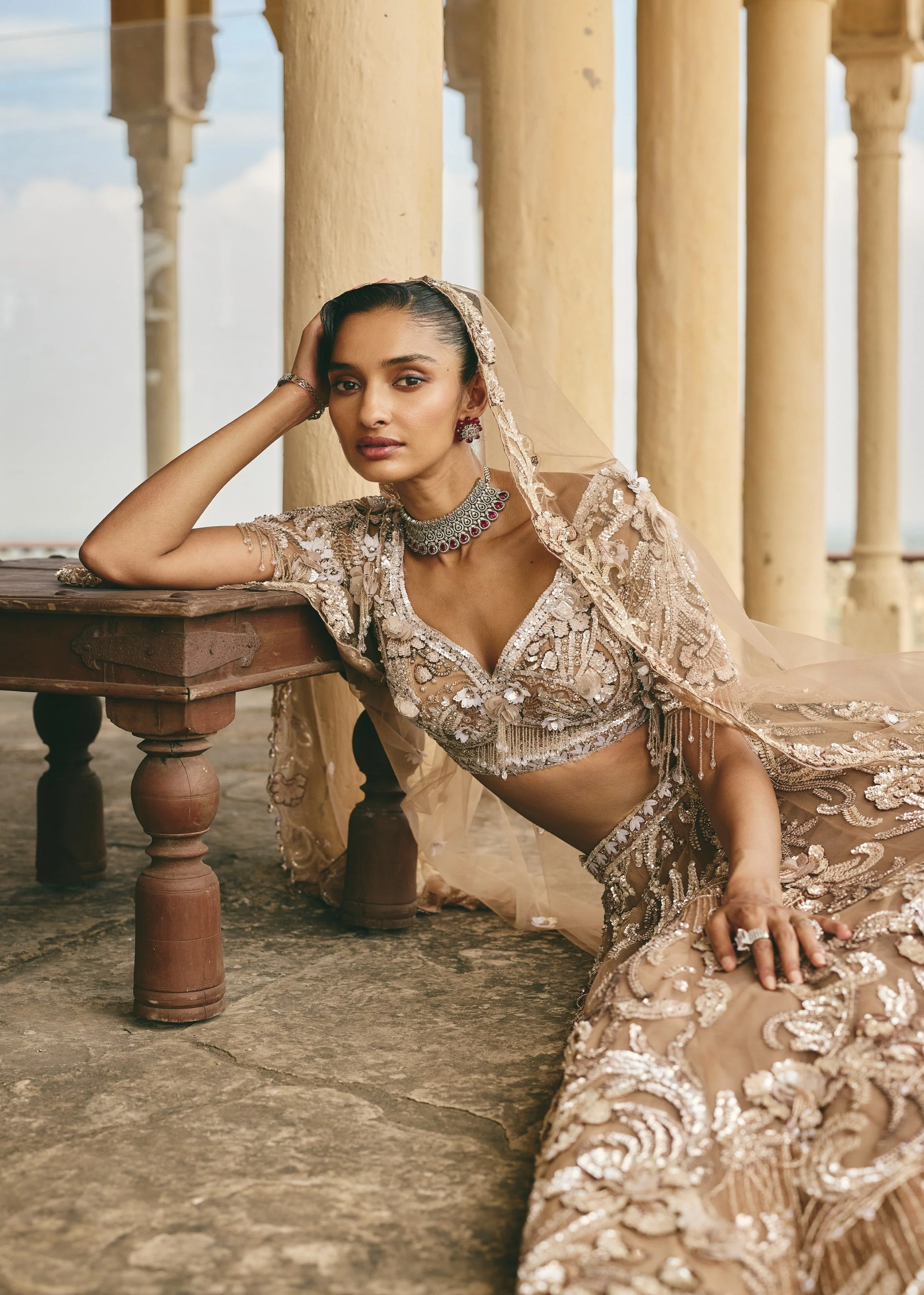 Beige-Gold Camellia 3D Floral Embroidered Lehenga Set - Image 4