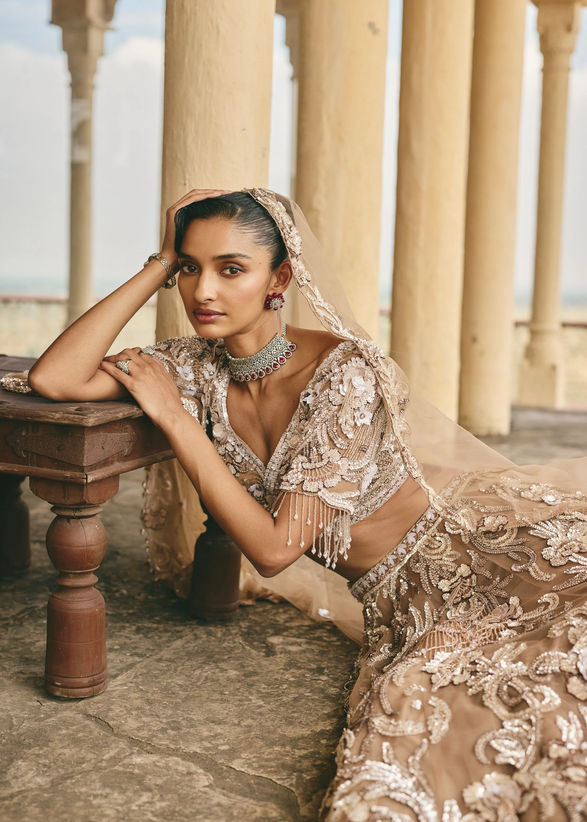 Beige-Gold Camellia 3D Floral Embroidered Lehenga Set - Image 5