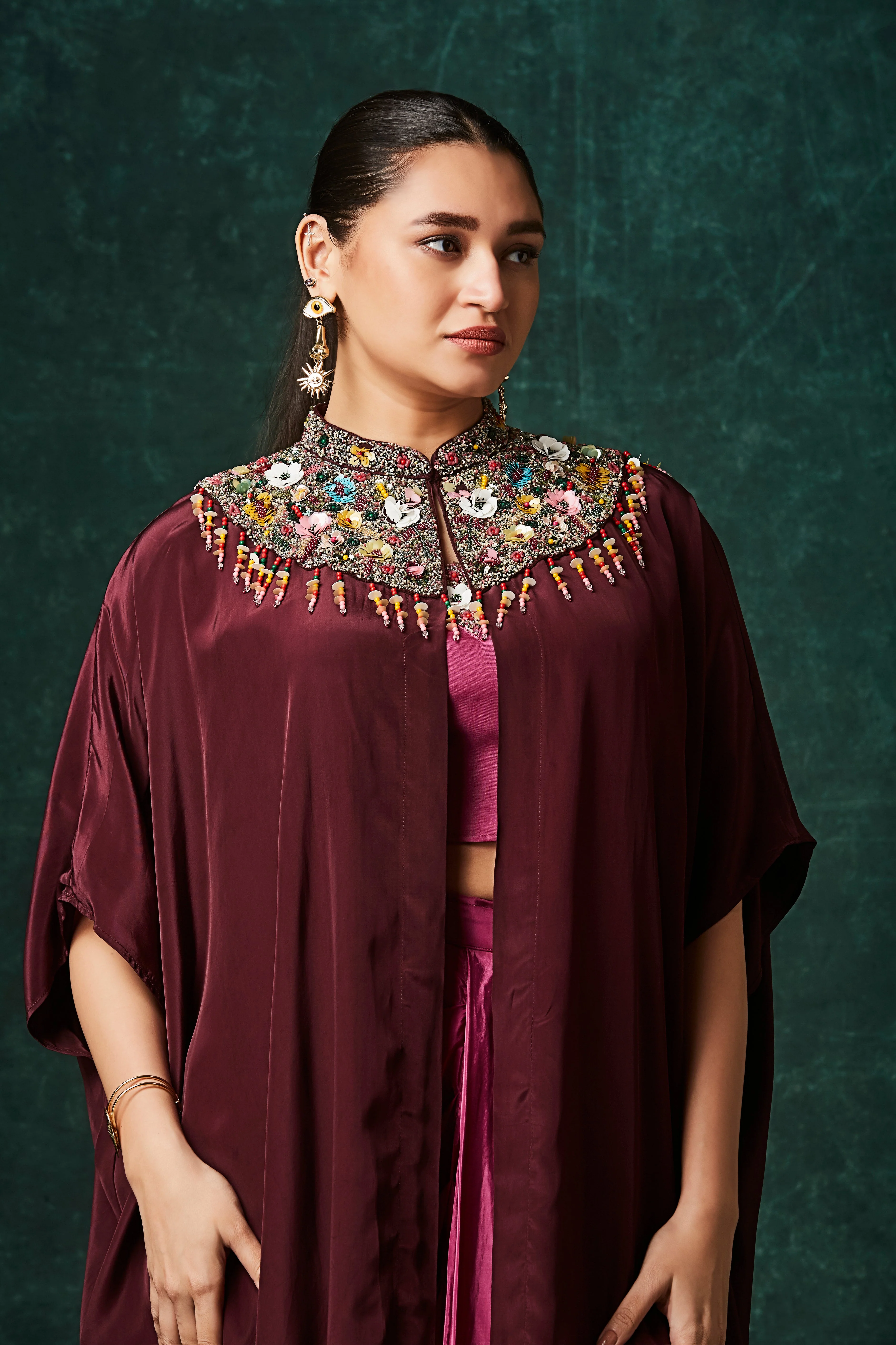 Magenta To Maroon Embellished Crepe Silk Skirt Set - Image 2
