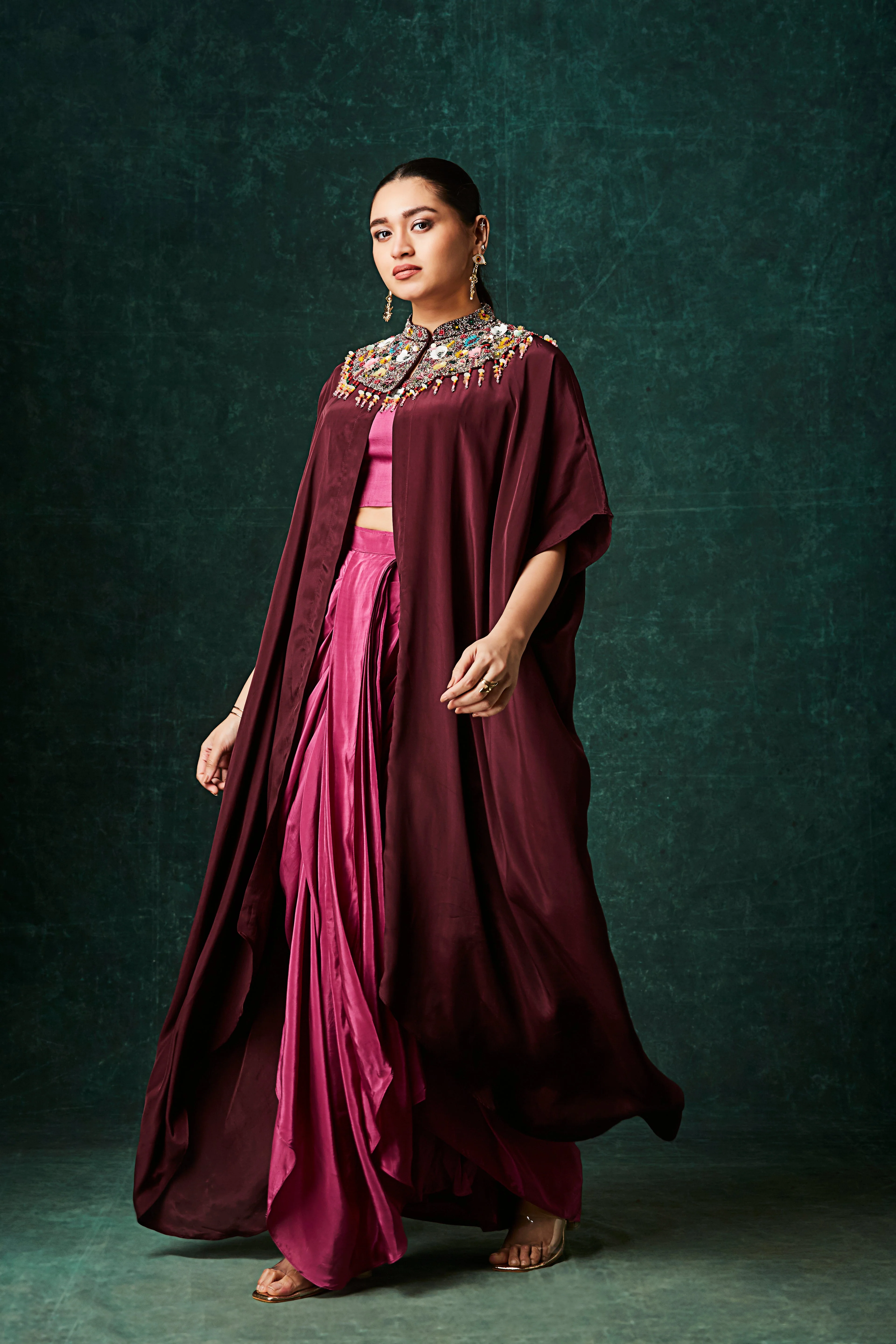 Magenta To Maroon Embellished Crepe Silk Skirt Set - Image 3