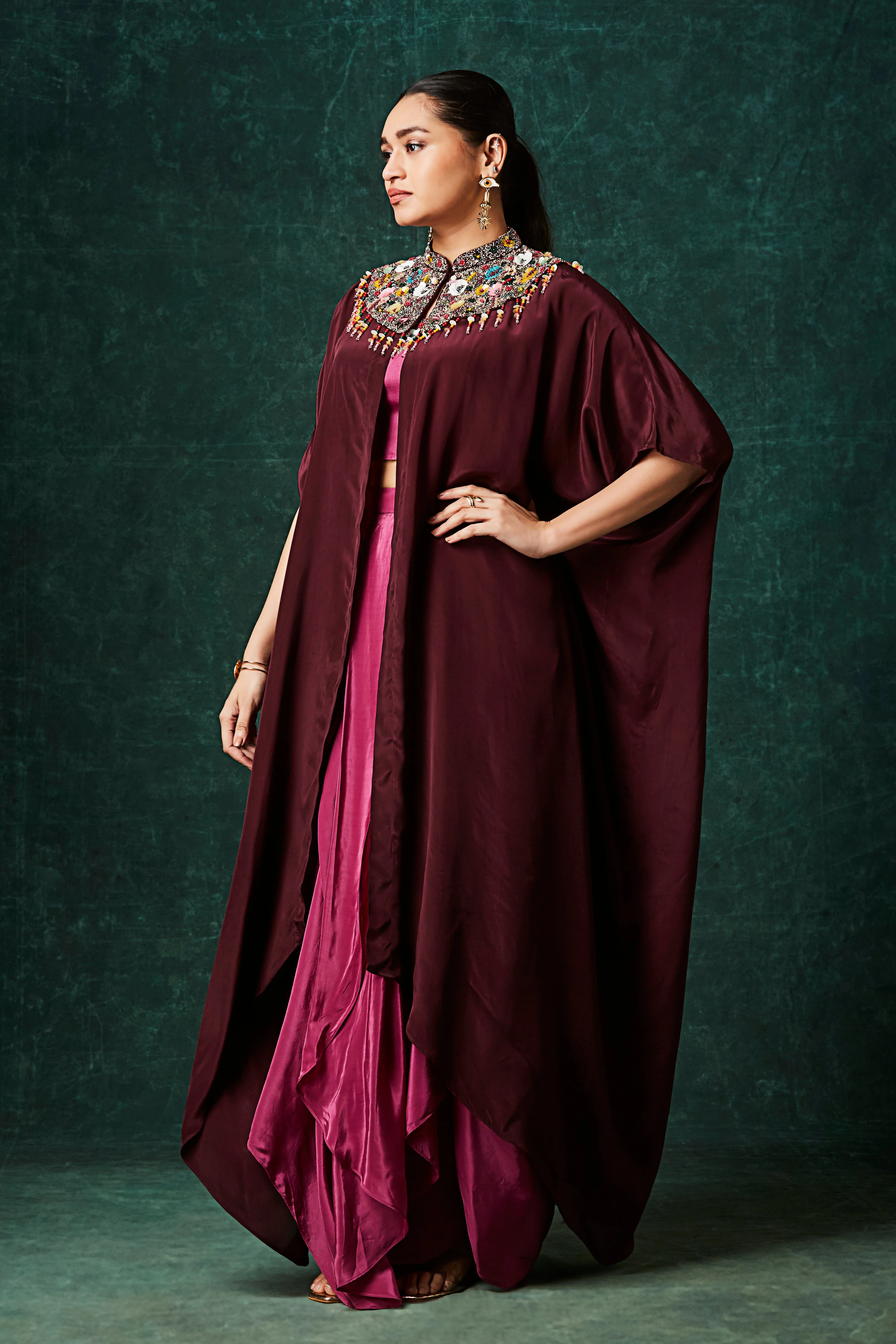 Magenta To Maroon Embellished Crepe Silk Skirt Set - Image 4