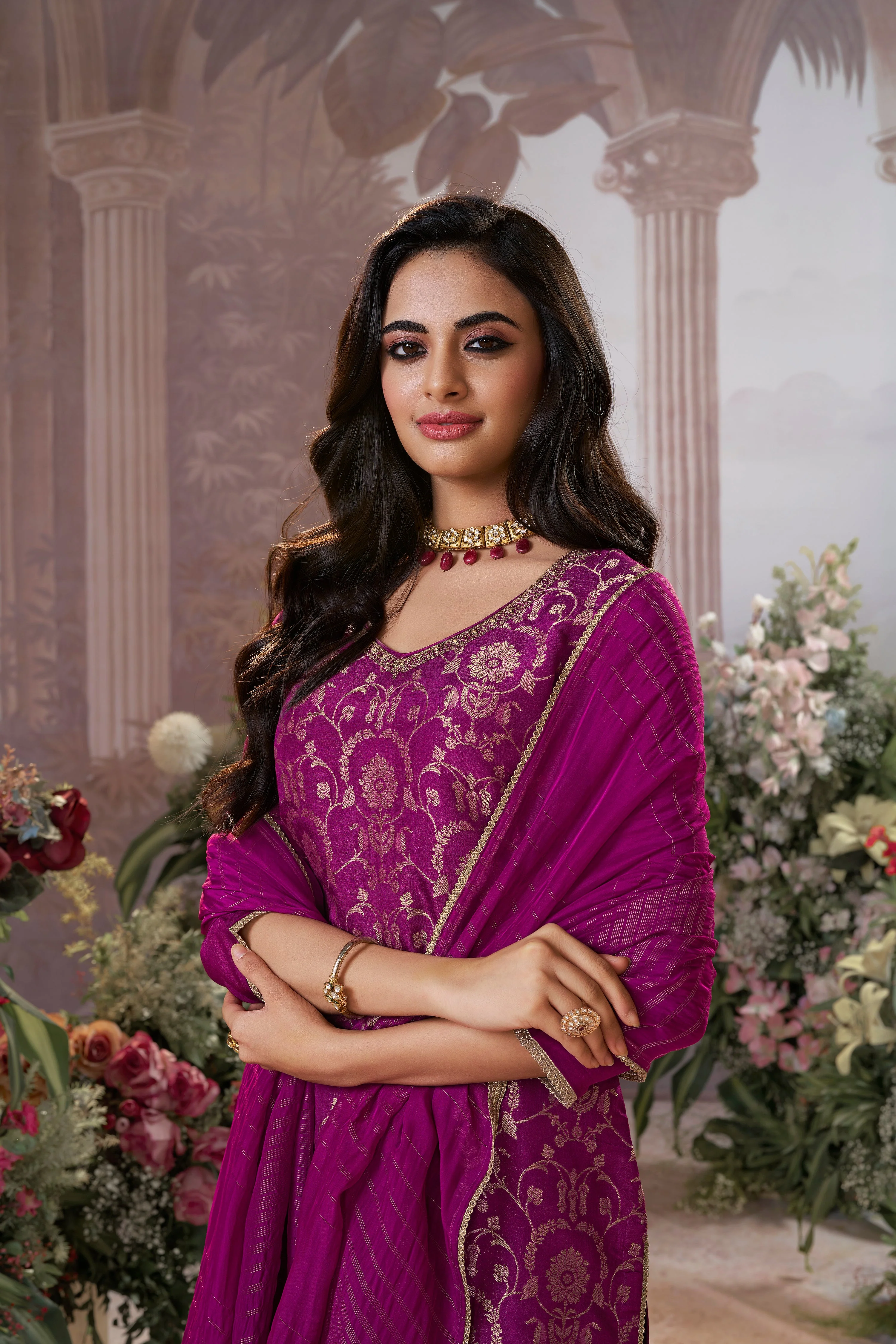 Tyrian Purple Embellished Premium Silk Pant Set - Image 2