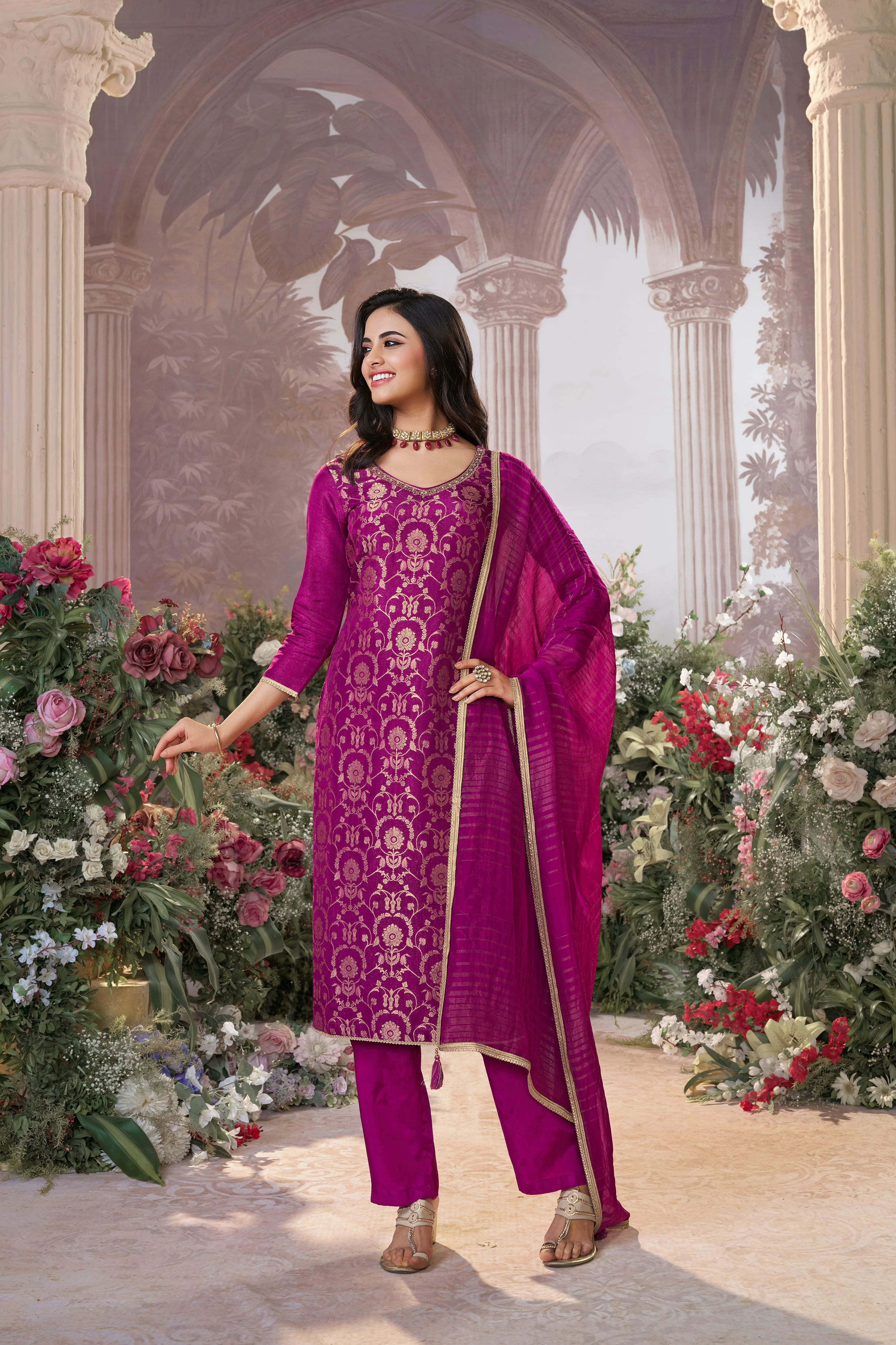 Tyrian Purple Embellished Premium Silk Pant Set - Image 3