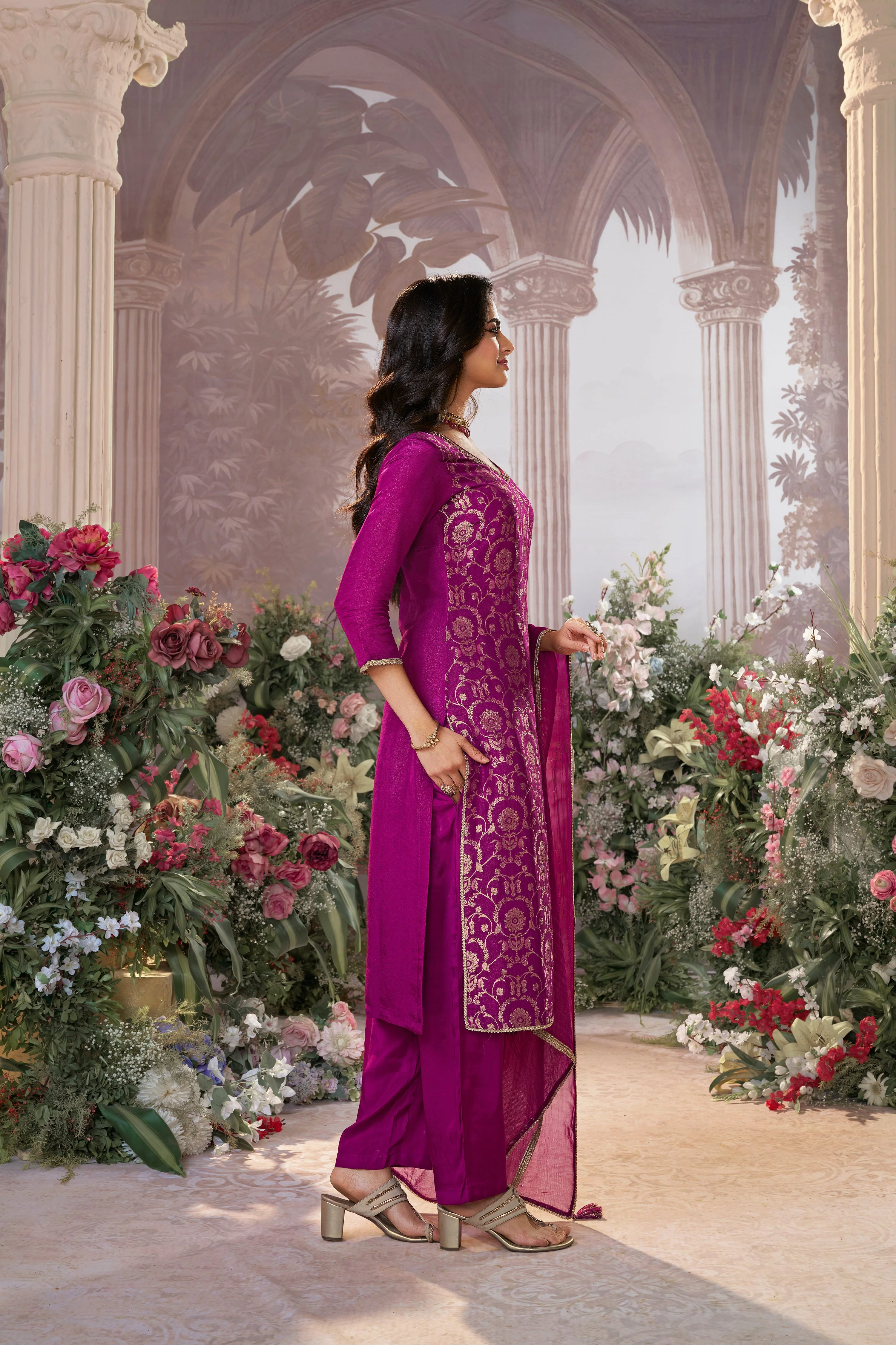 Tyrian Purple Embellished Premium Silk Pant Set - Image 4