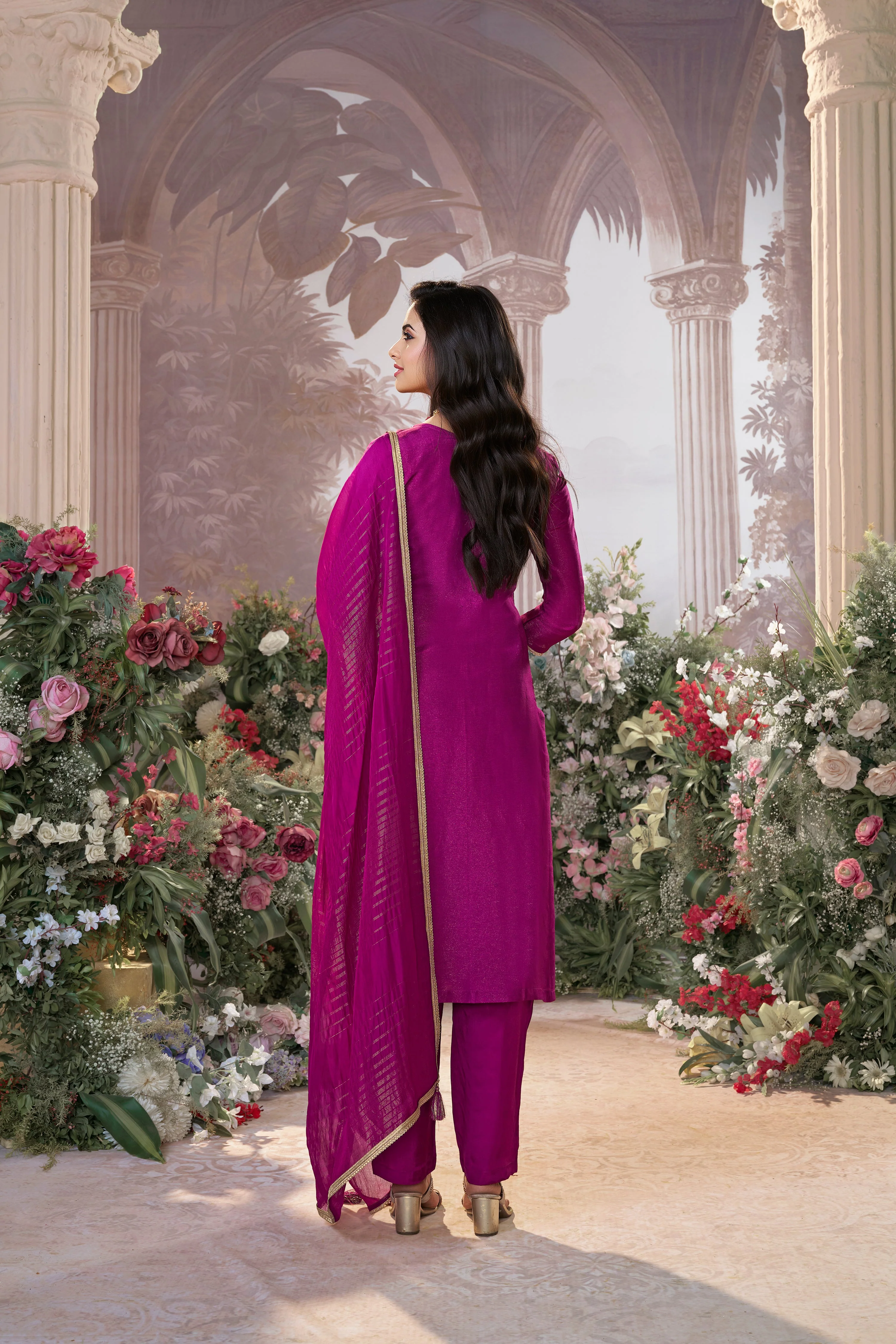 Tyrian Purple Embellished Premium Silk Pant Set - Image 5
