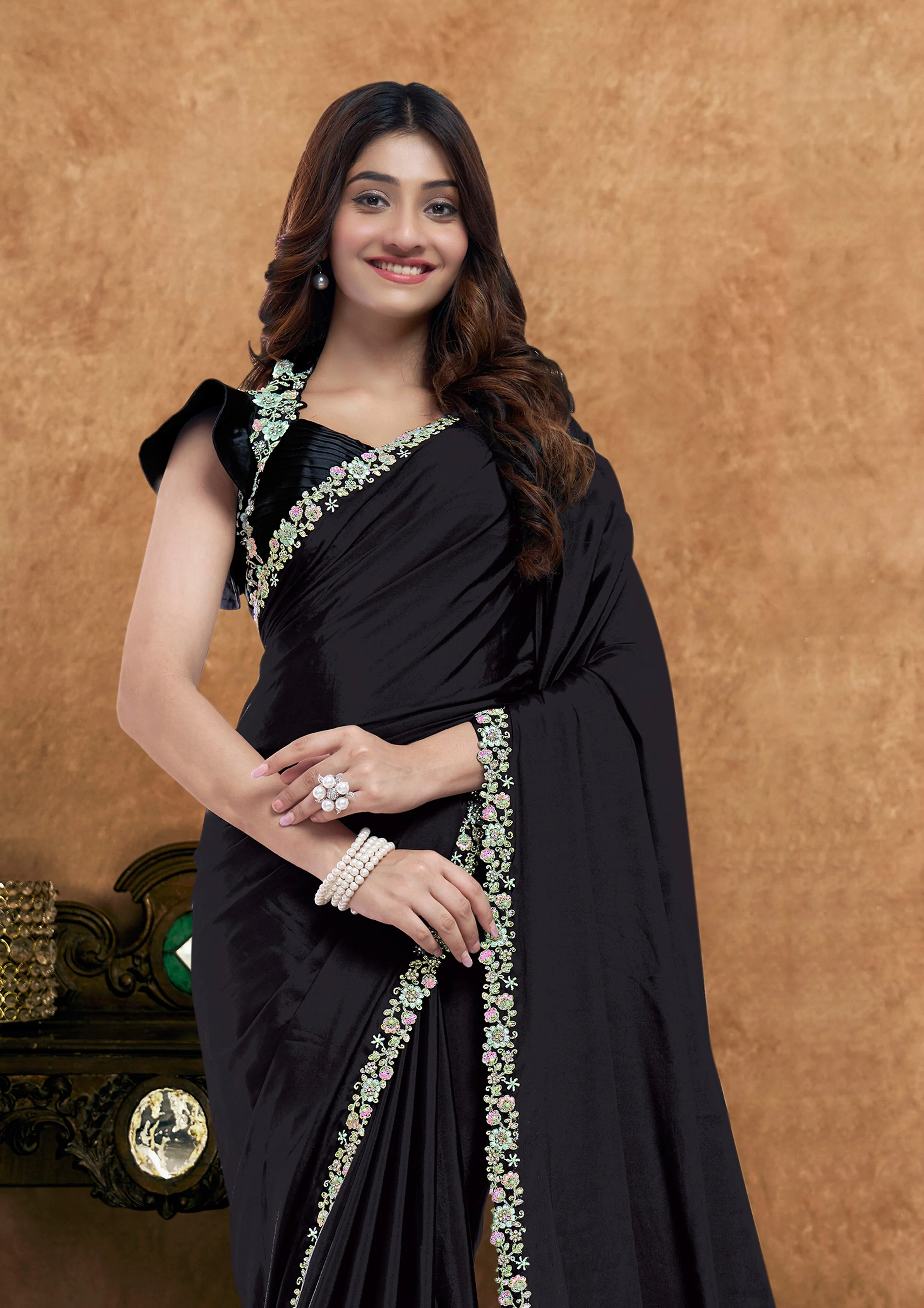 Deep Black Embellished Crepe Silk Saree - Image 3