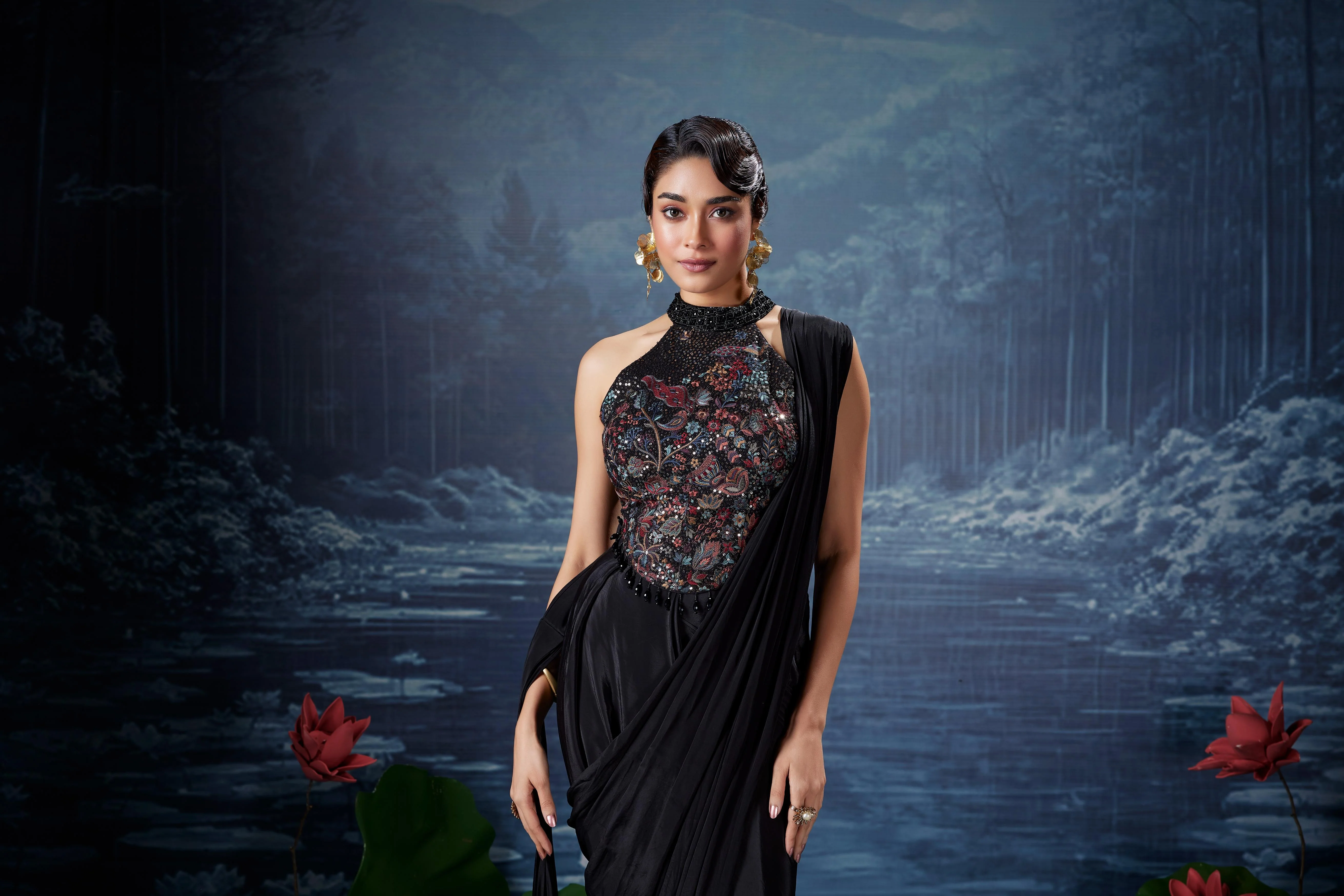Classic Black Embellished Satin Silk Drape Saree - Image 2