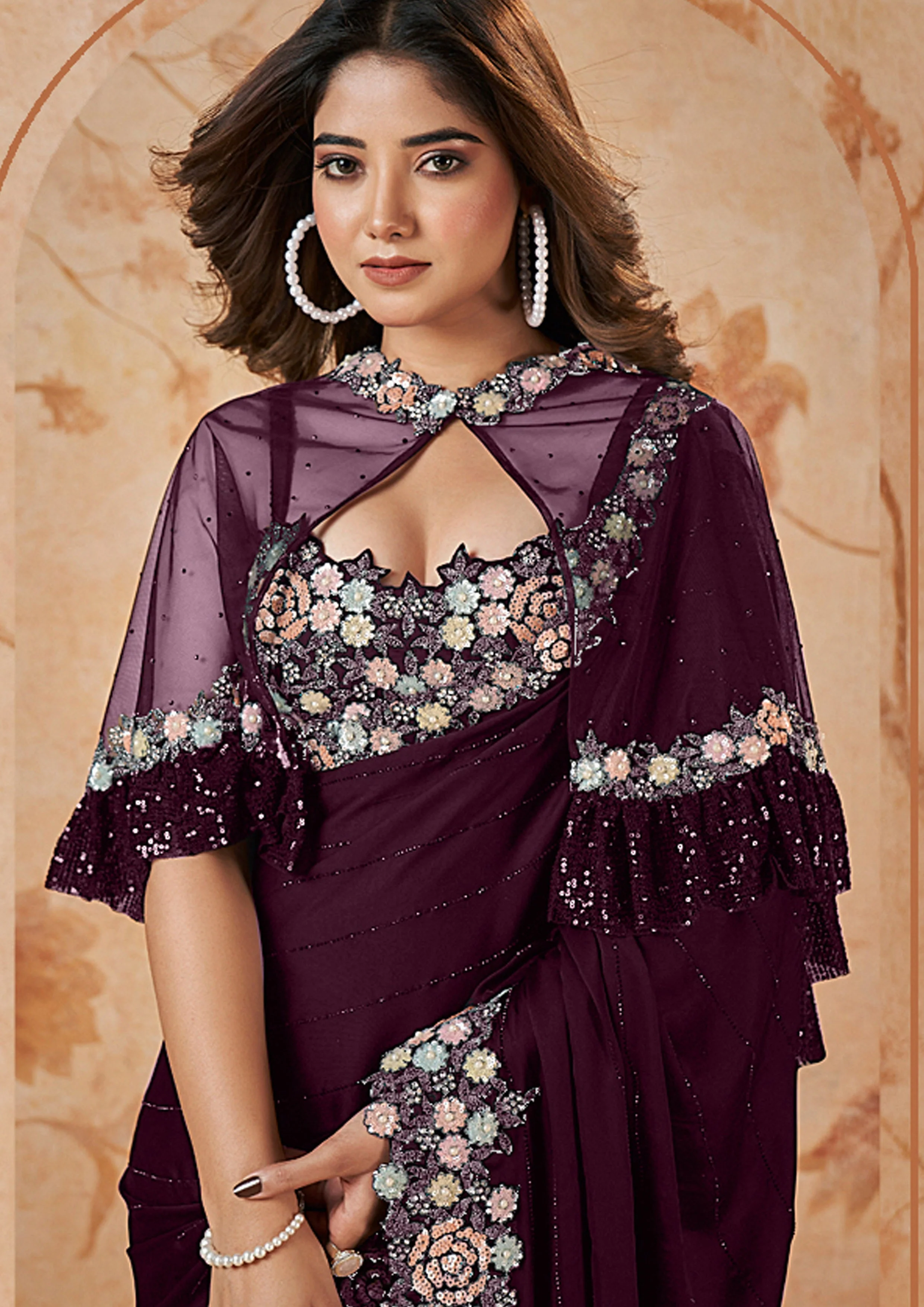 Deep Purple Embellished Crepe Satin Silk Saree - Image 2