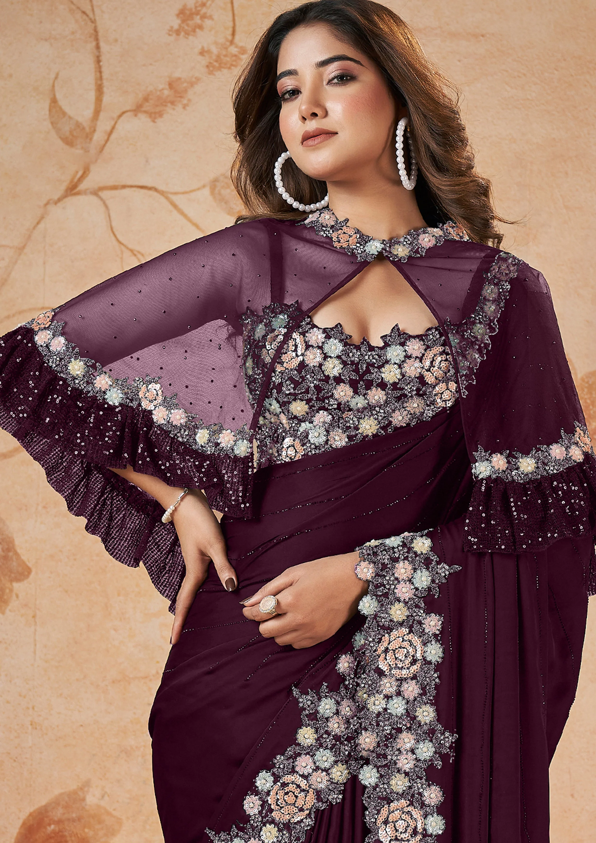 Deep Purple Embellished Crepe Satin Silk Saree - Image 3