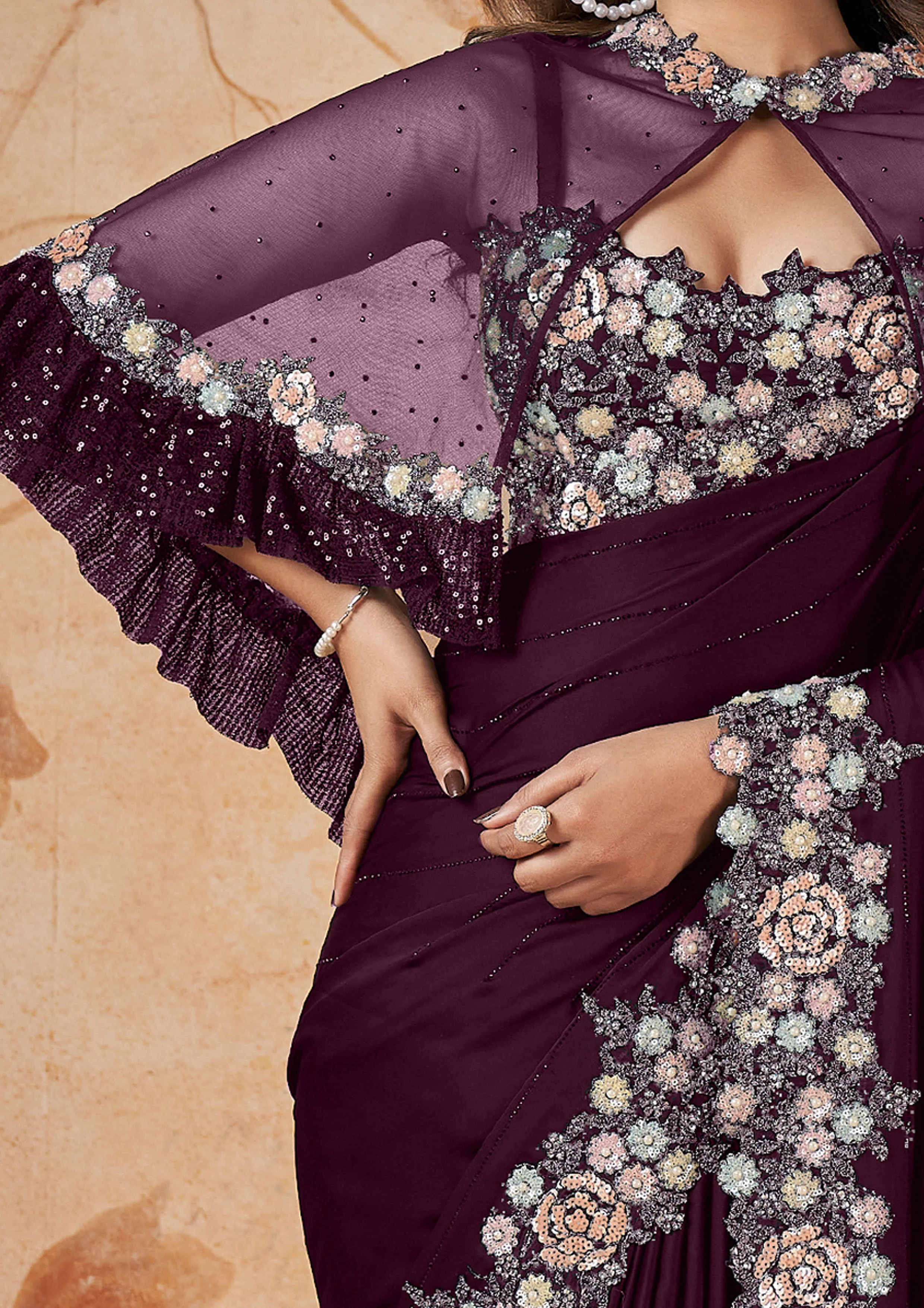 Deep Purple Embellished Crepe Satin Silk Saree - Image 4
