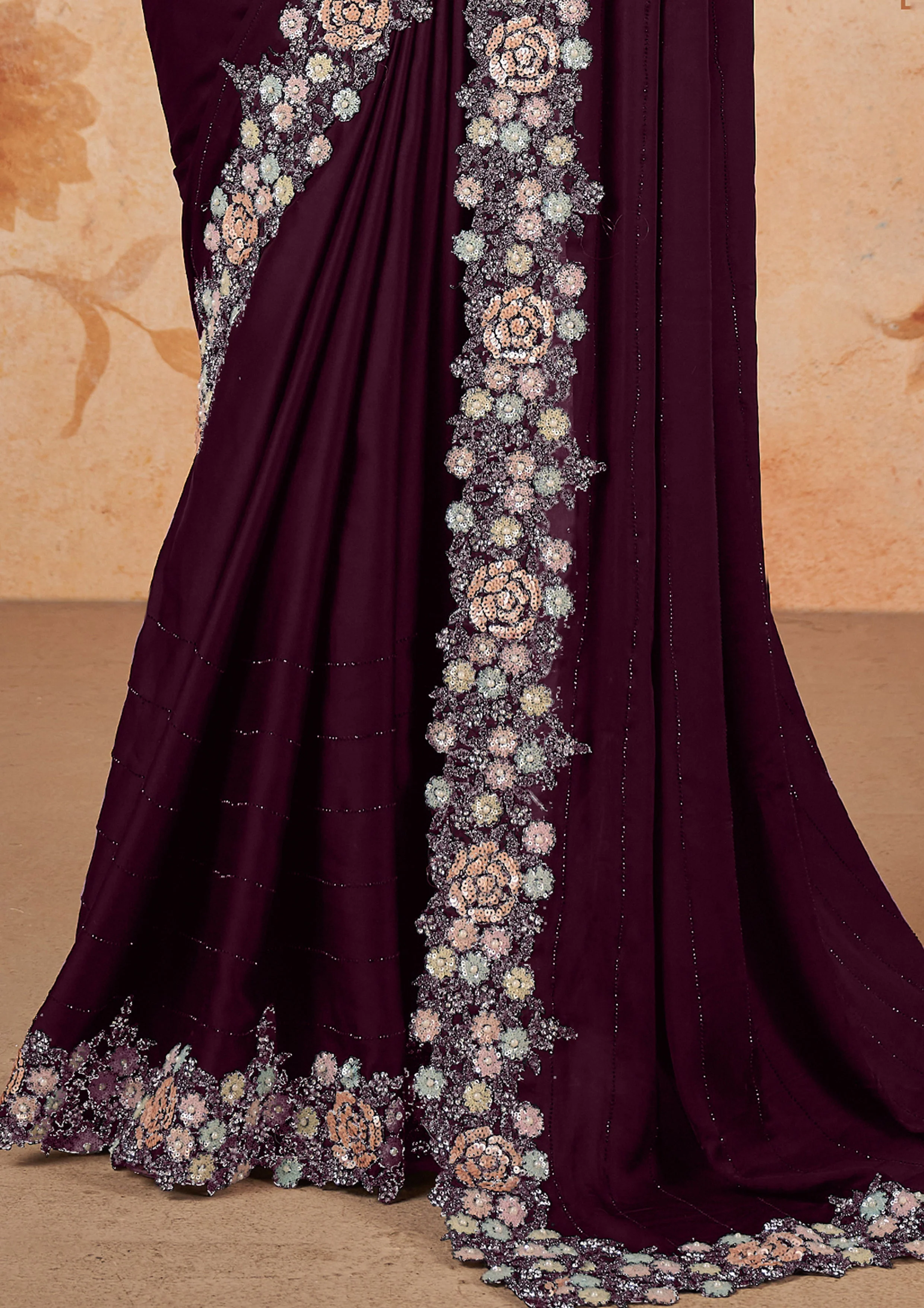 Deep Purple Embellished Crepe Satin Silk Saree - Image 5
