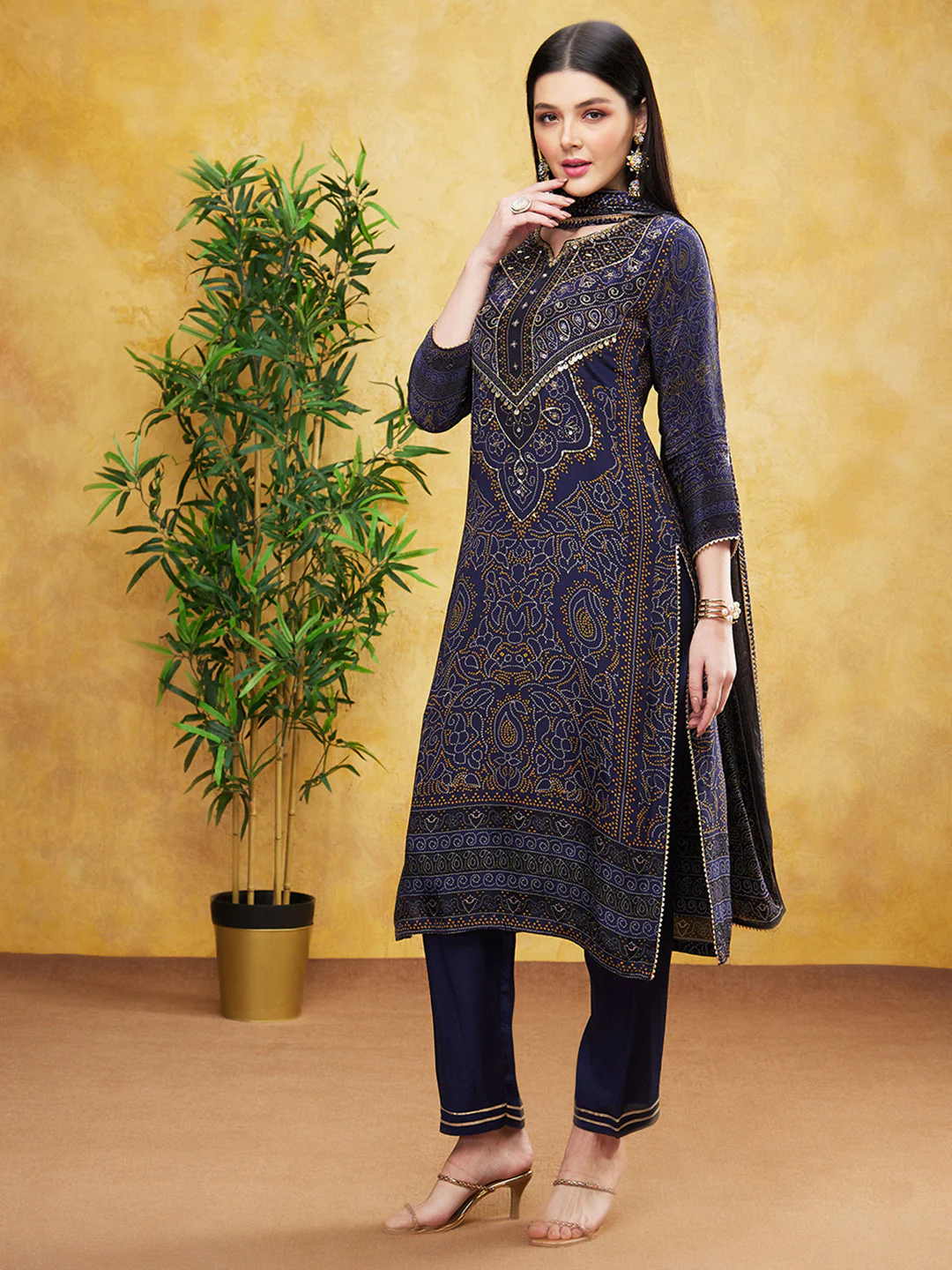 Deep Blue Bandhej Printed Premium Silk Pants Set - Image 3
