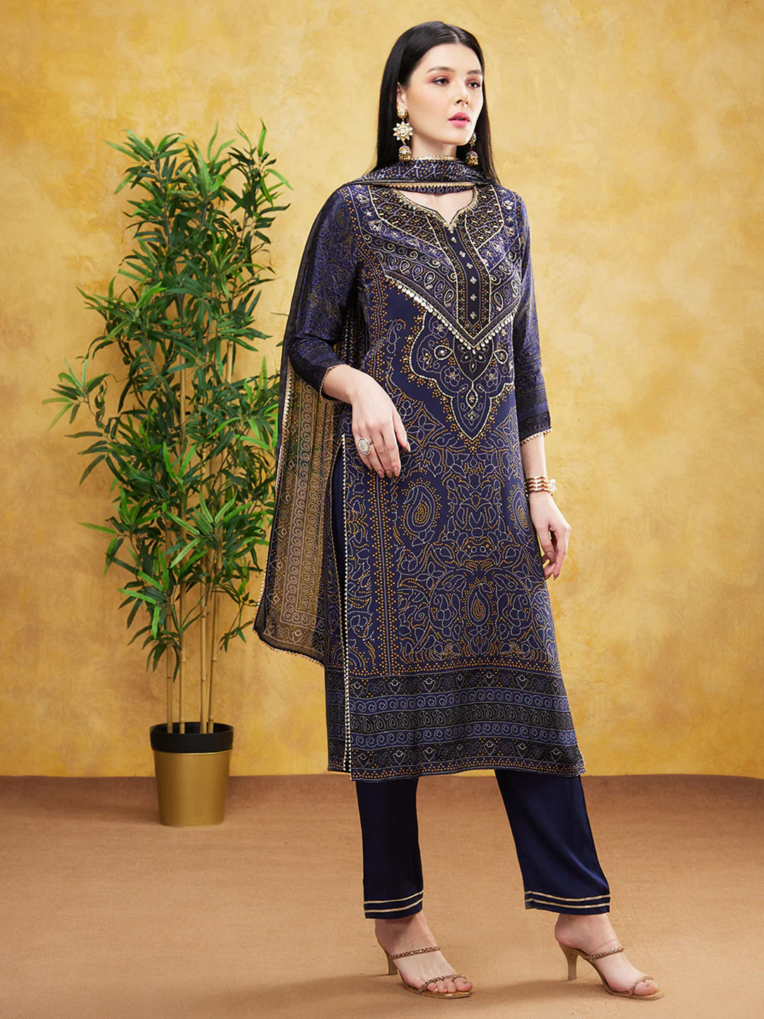 Deep Blue Bandhej Printed Premium Silk Pants Set - Image 4
