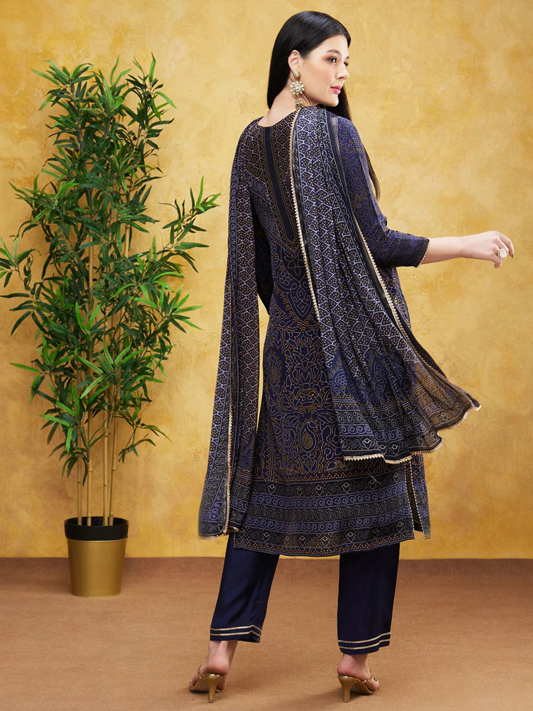 Deep Blue Bandhej Printed Premium Silk Pants Set - Image 5