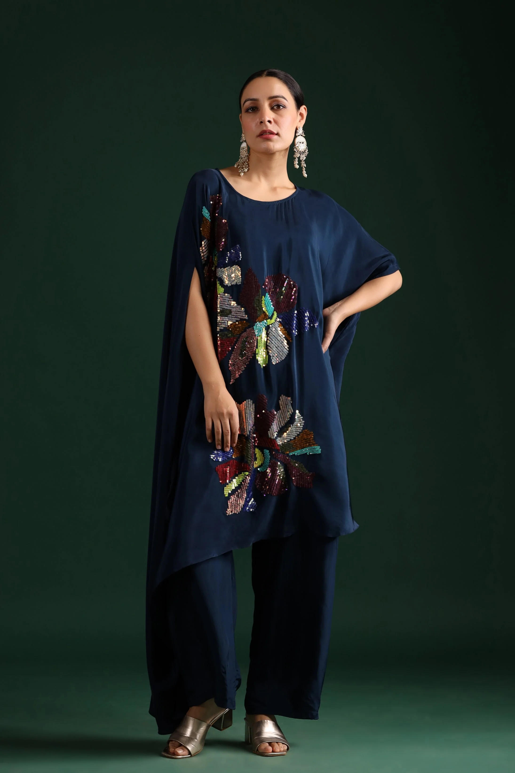 Deep Blue Embellished Asymmetrical Tunic & Pants - Image 2